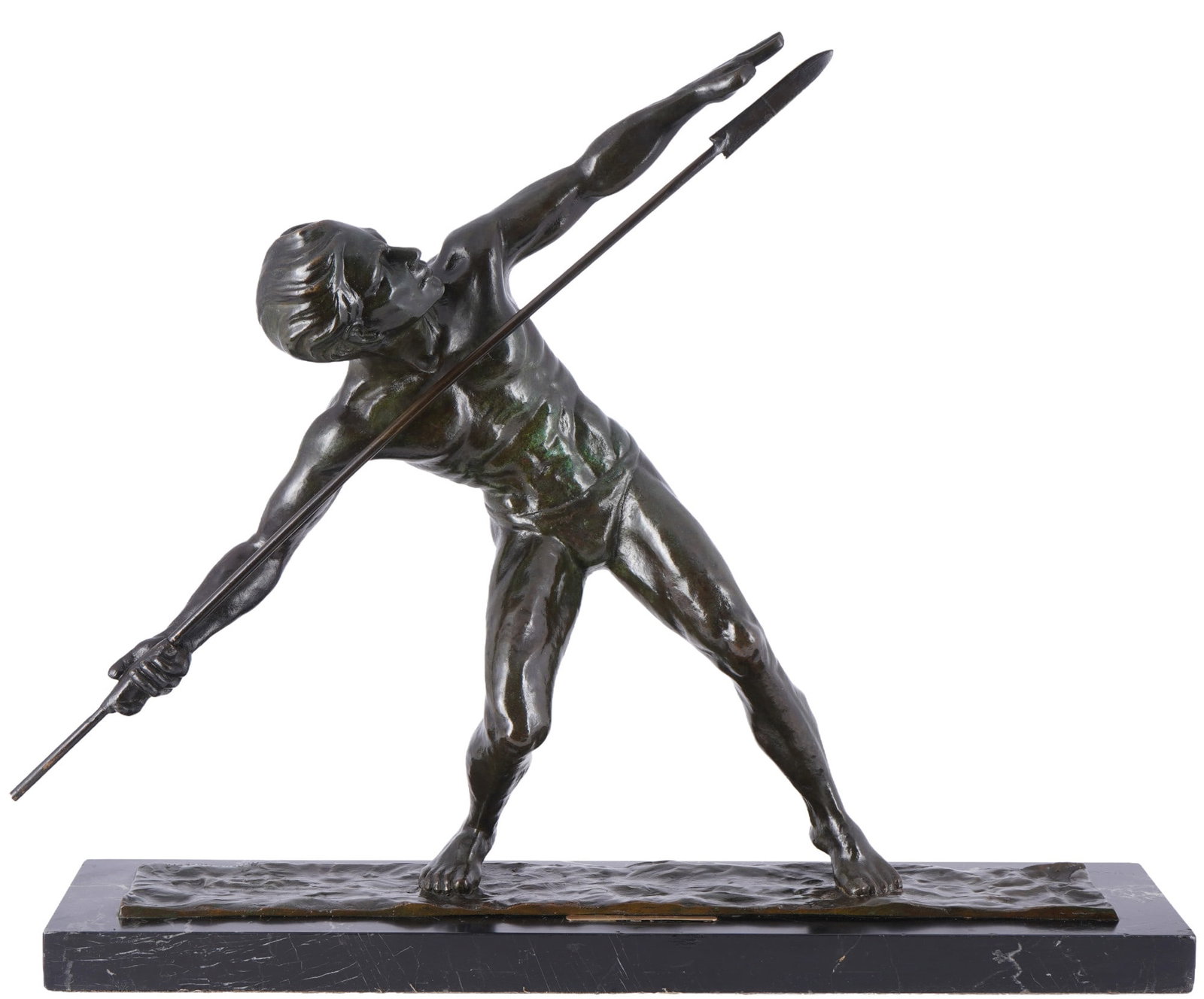 Rene DE WANDELEIR (XX) bronze Le lanceur de javelot - javelin thrower,: bronze patinated, signed on the plinth R. De Wandeleir, athletic javelin thrower in a classic throwing pose, H 50 cm x L 60 cm x W 15 cm, weight approx. 16.4 kg