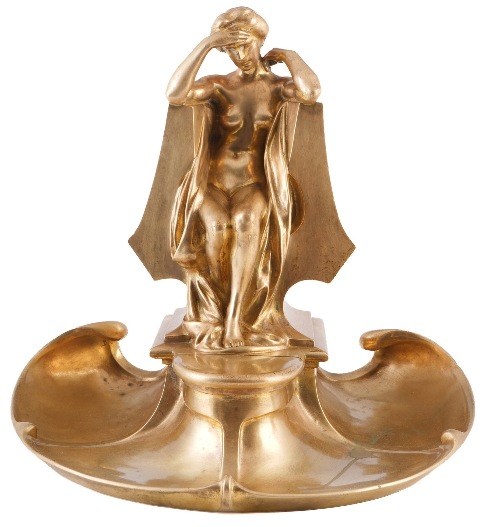 Max BLONDAT (1879-1925) Jugendstil Bronze The Thought with Tinplate,: Gilt bronze, inscribed Max-Blondat on the side and Siot Fondeur on the back, Art Nouveau inkwell made of gilded bronze depicting a seated female figure, La Pens?e, by the French sculptor Max Blondat, 