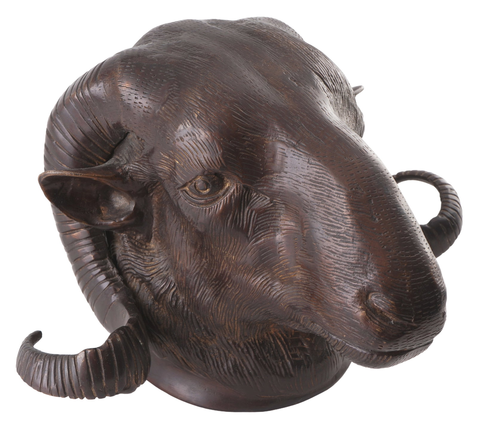 Bronze ram's head, 19th century: Bronze, Southern Germany, 19th century, ram with curved horns, H 13.5 cm x W 20 cm x D 17.5 cm, weight approx. 2 kg