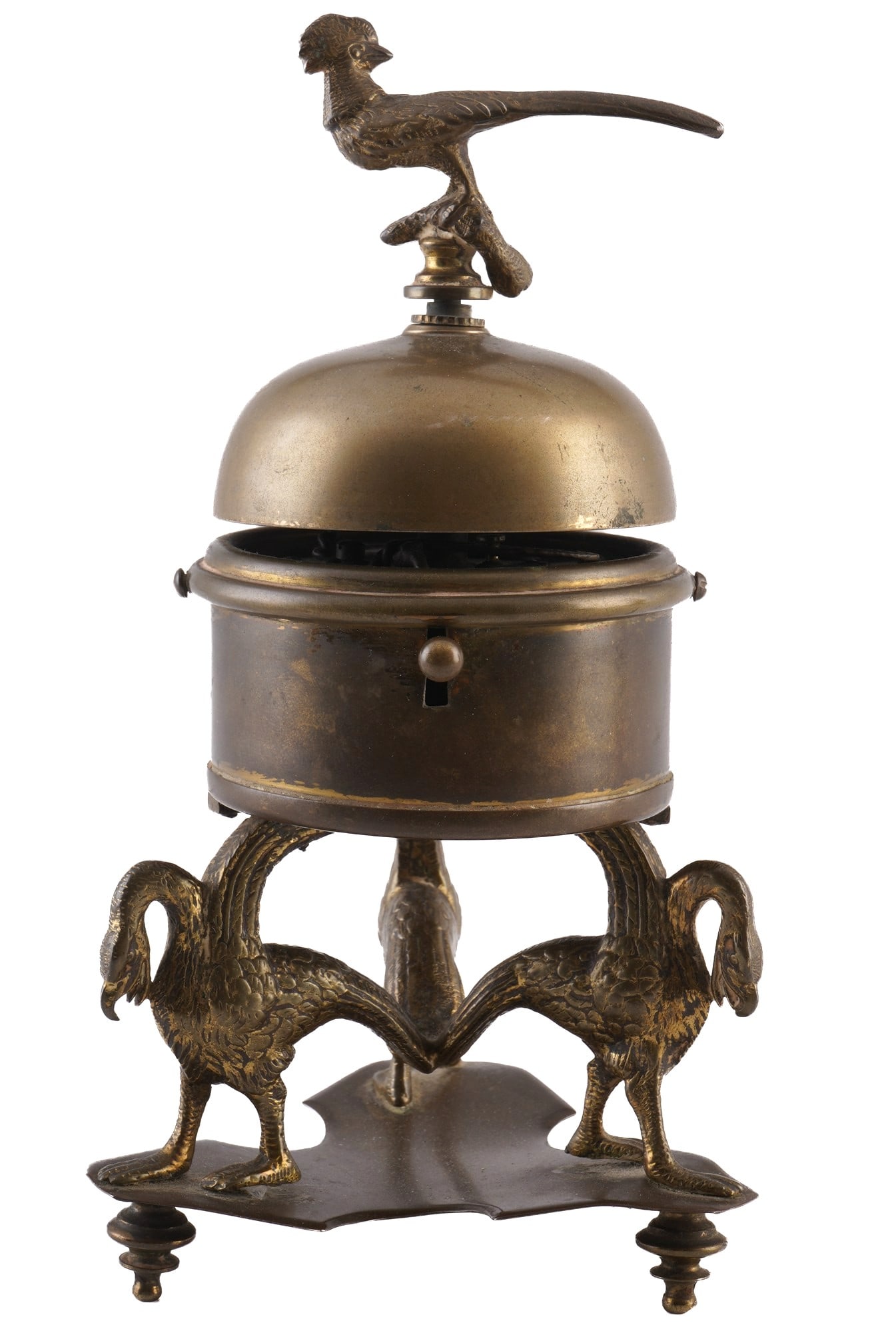 Bronze hotel/reception bell circa 1920,: Bronze pheasant figure on a bell, supported by a three-legged base with stylized birds of prey on a curved plate; a long ringing sound is triggered by pressing a button; H 19 cm x W 10 cm