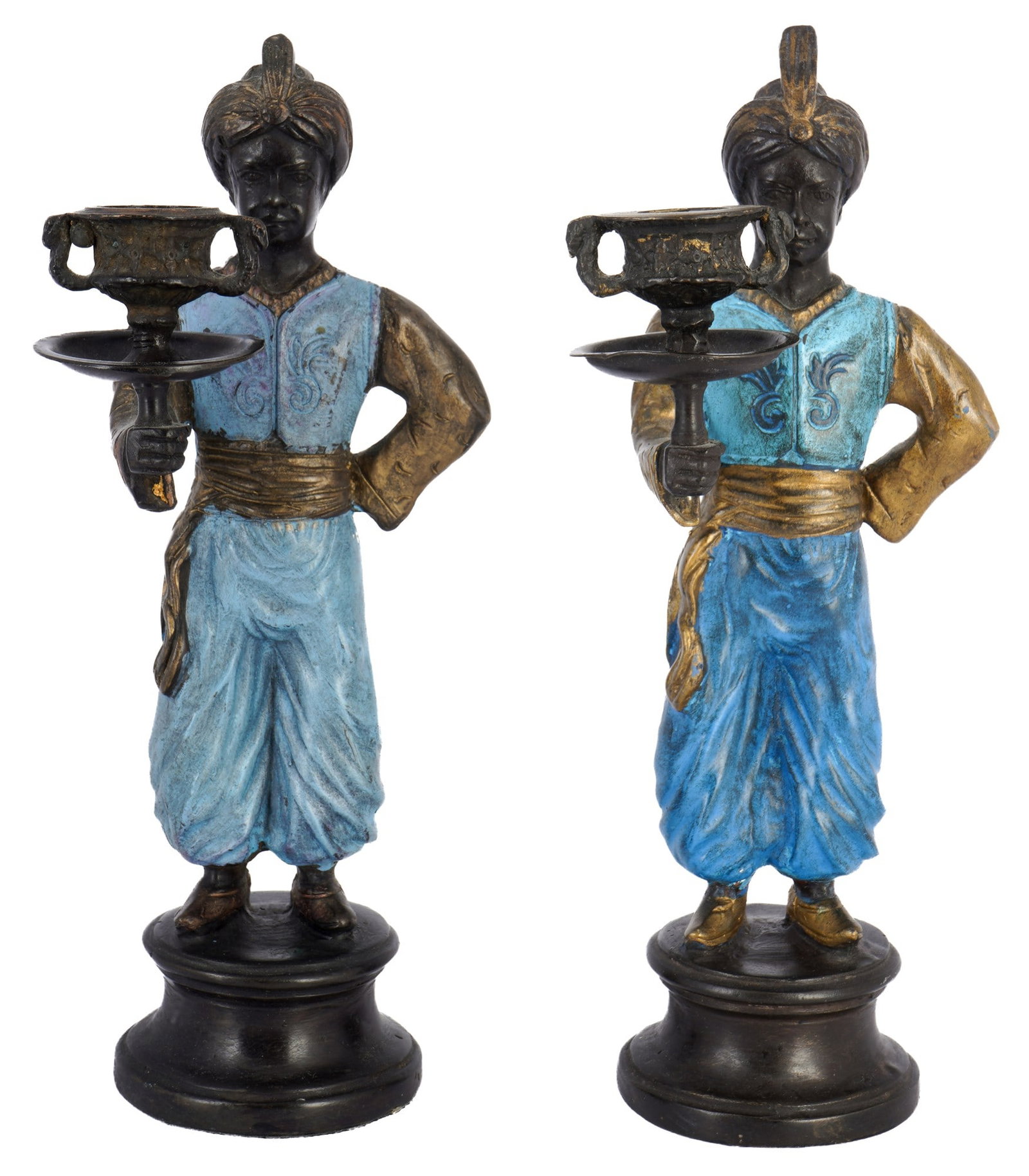 Bronze pair of figure candlesticks as oriental servants around 1900, (1 of 7)