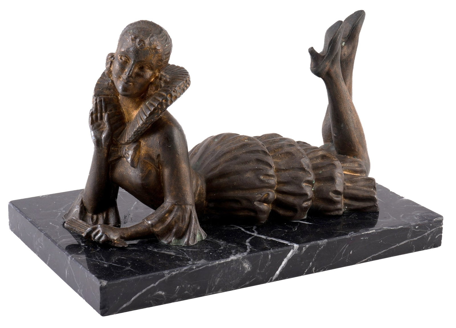 Georges Maxim (1885-1940) Art Deco Bronze Reclining Lady with Fan,: Bronze, signed on the side by Geo Maxim, French sculptor, Art Deco lady with fan on a marble base, H 13.5 cm x L 23 cm x W 15 cm, weight approx. 3.5 kg, marble corners chipped, abrasion