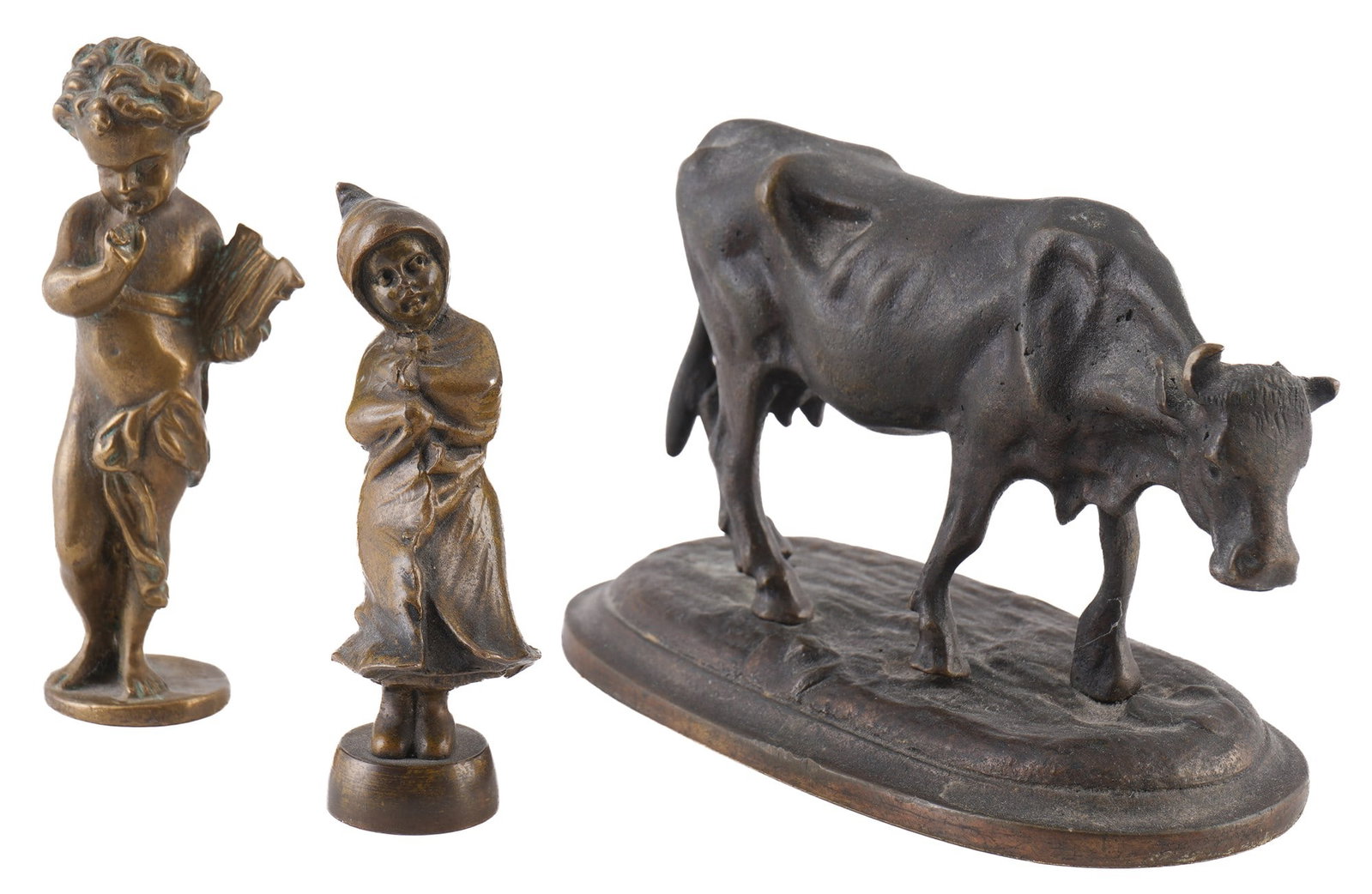 3 bronze figures - a cow and two figures circa 1900, (1 of 7)