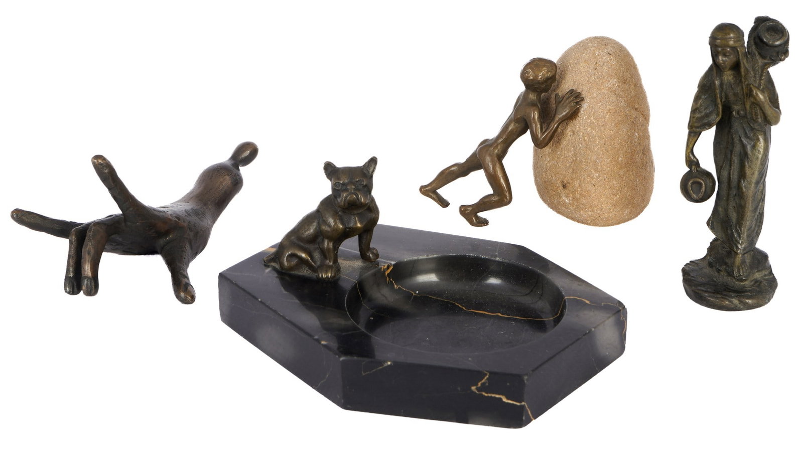 Collection of small bronzes,: Bronze, 4-piece set consisting of: male nude with stone (H 6 cm), water carrier (H 9 cm), bulldog on marble (L 11 cm x W 9 cm), stylized woman as hand (H 9 cm)
