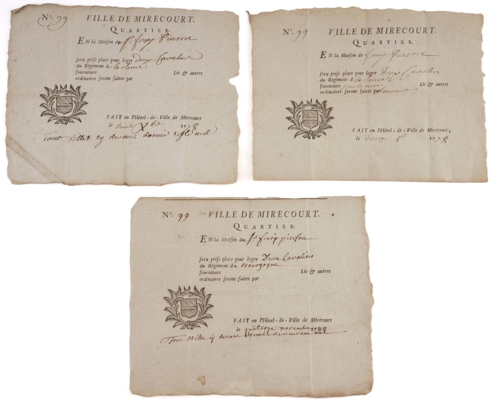 3 billeting certificates of soldiers, Mirecourt, France 1788/1789 (1 of 7)