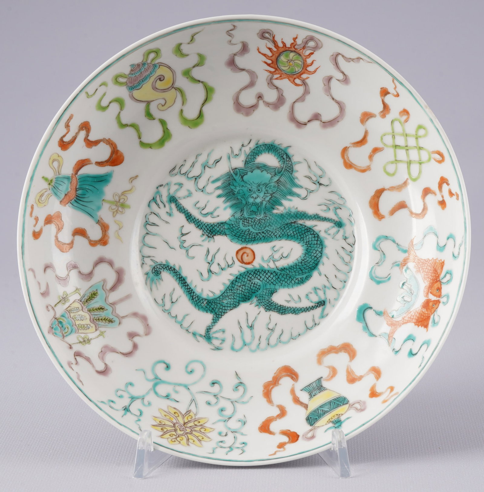 Famille Rose bowl with dragon, China Guangxu period,: Porcelain, China Qing Dynasty, Guangxu period (1875–1908), Famille Rose bowl with dragon and eight Buddhist auspicious symbols, base with red 6-character Guangxu seal mark, H 5 cm x D 20.2 cm, from