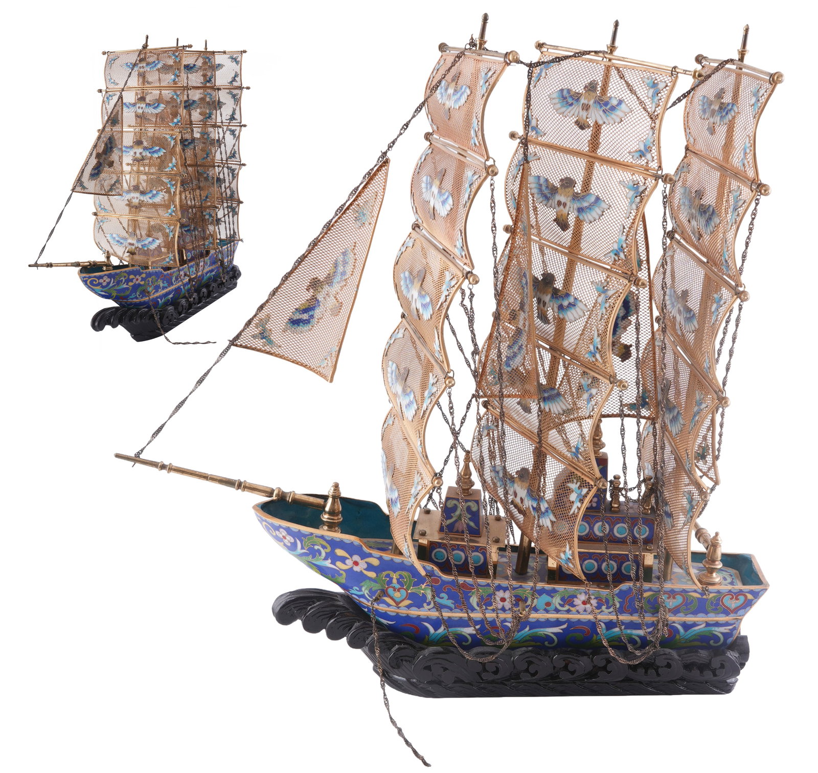 Bronze cloisonné ship model, China, second half of the 20th century: Bronze cloisonné ship model, China, second half of the 20th century, in elaborate cloisonné technique, H 48.5 cm x W 39.5 cm x D 22 cm