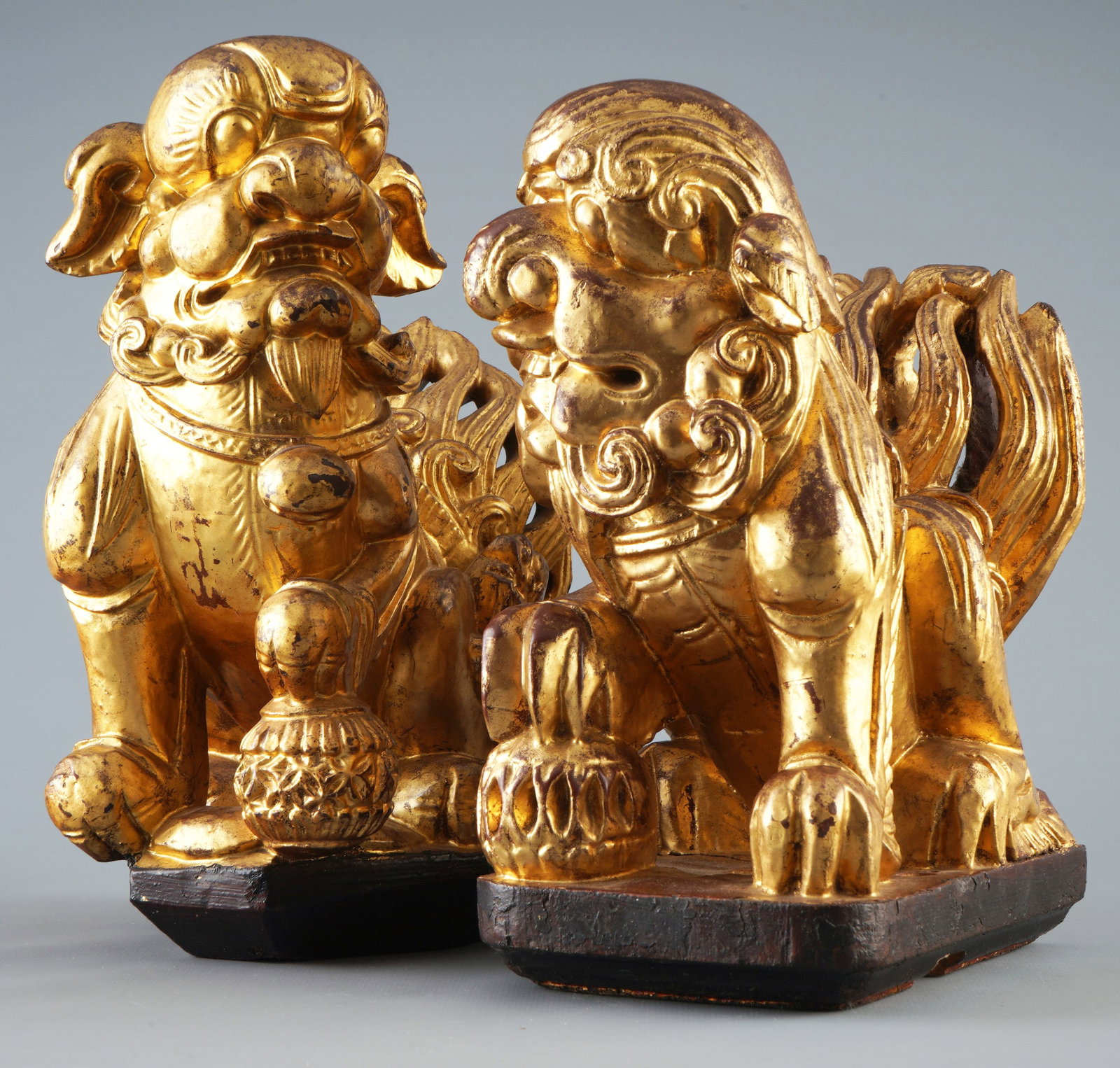 Pair of wooden sculptures of lucky lions, China (1 of 7)