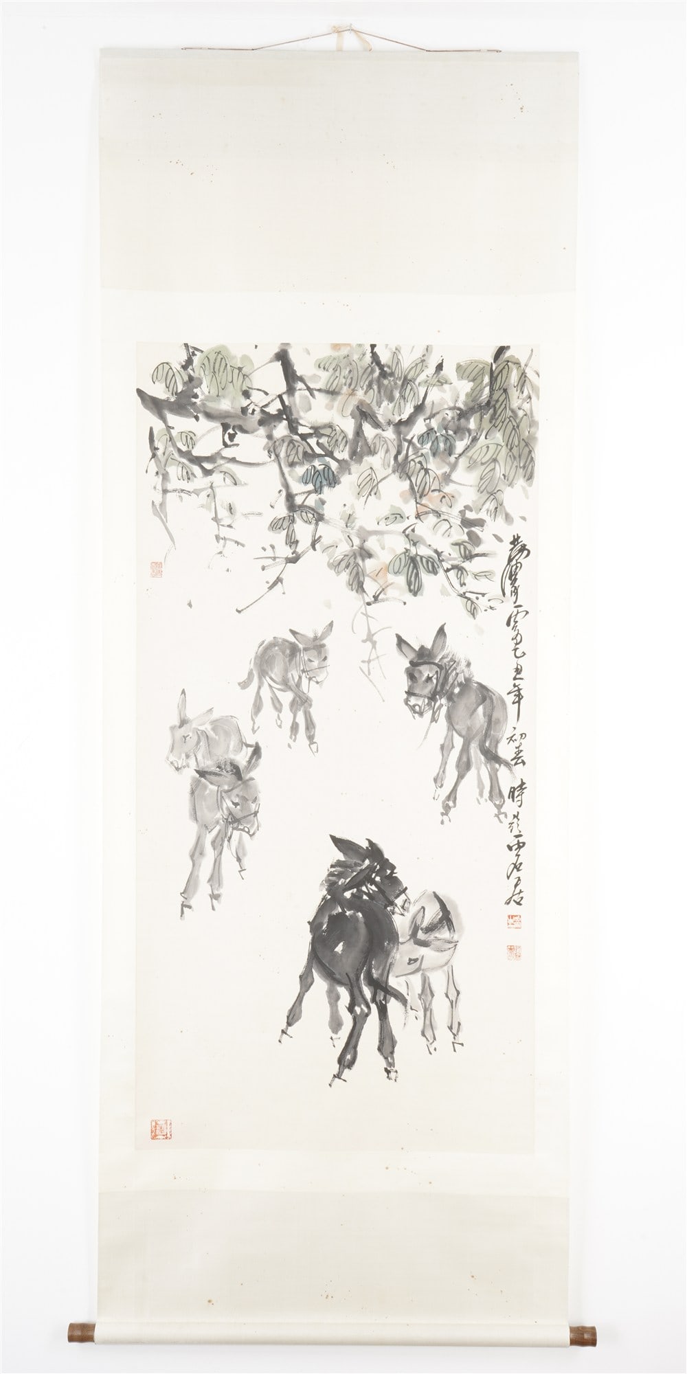 Huangzhou (1925–1997) Scroll painting of a donkey, China: Ink on rice paper, hanging scroll with a donkey, Huangzhou, China, 20th century, signed Huangzhou. Huang Zhou once painted for a long time in Xinjiang; during this time he painted many pictures of