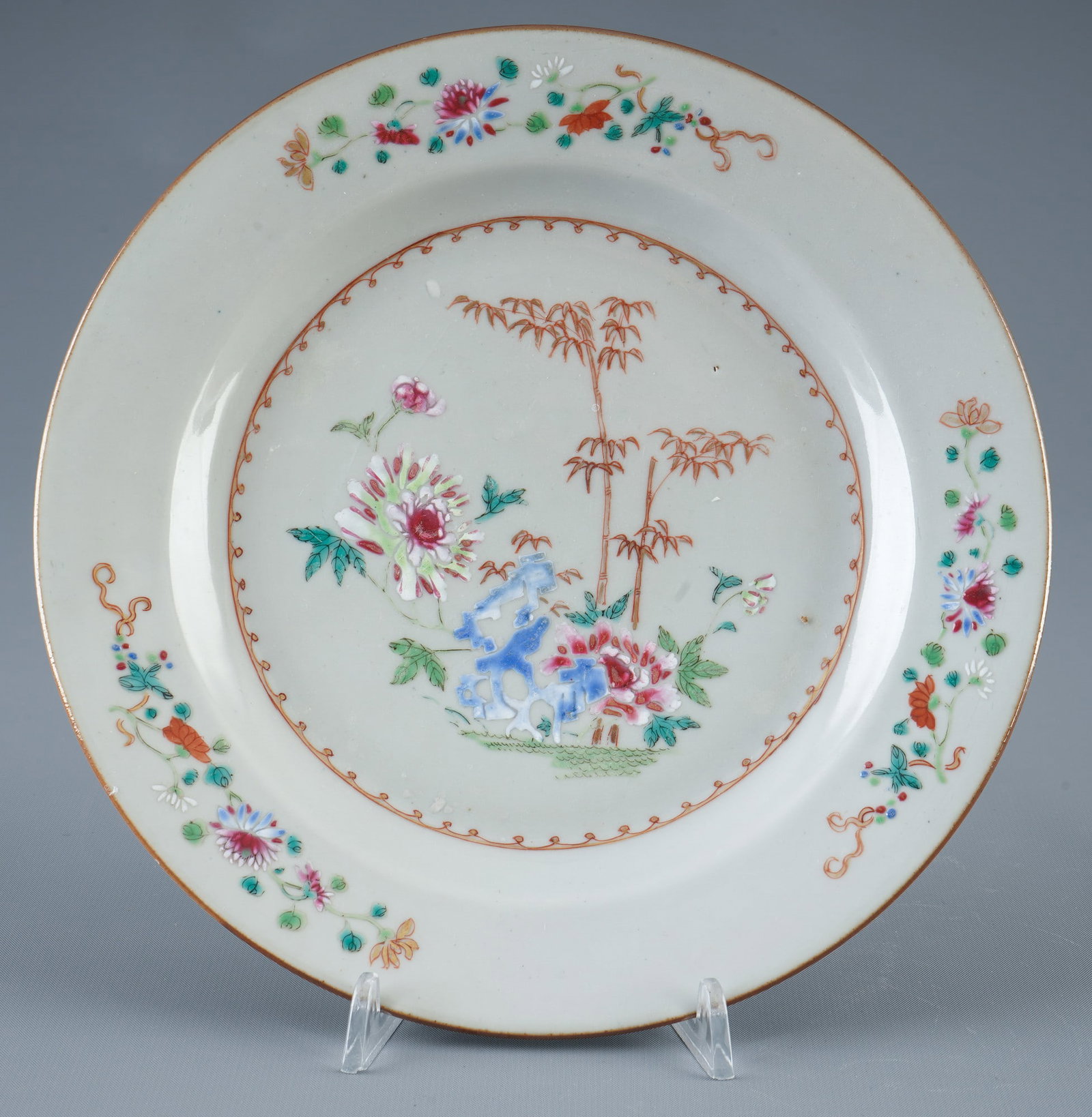 Famille Rose plate with floral and rock decoration, China, Qianlong period. (1 of 3)