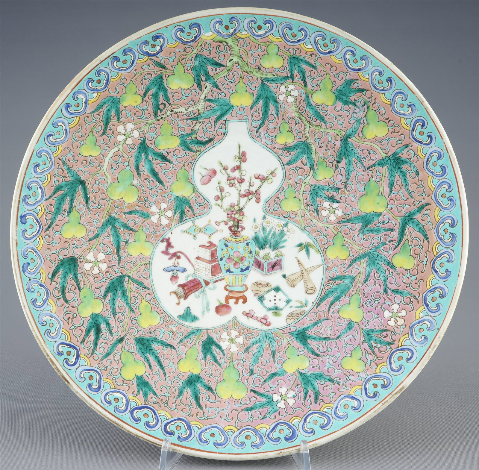 Large Famille Rose plate, China, Qing Dynasty: Porcelain, China, Qing Dynasty (1644–1911), large Famille Rose plate, diameter 34.7 cm