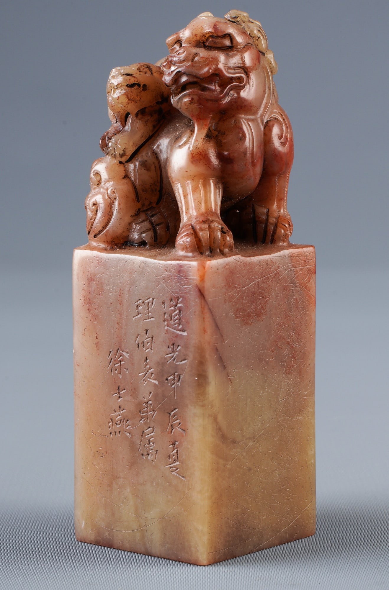 Siegel aus Shoushan-Stein, China, Qing-Dynastie,: Shoushan stone, China, Qing Dynasty (1644–1911), finely carved seal with double dragon (mother and son) knob, edge inscription with "XUSHIYAN", H 10.5 cm x W 3.5 cm x D 3.5 cm, from a European priva
