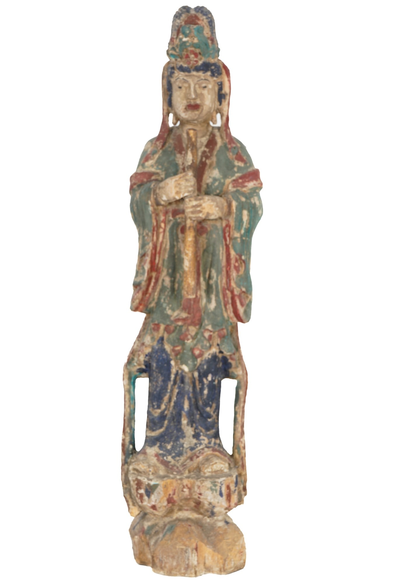 Large wooden statue of Guanyin, China: Wood, China, fully sculpted standing figure on a stylized lotus base, H 71.8 cm × W 17 cm × D 14 cm, signs of age, chips