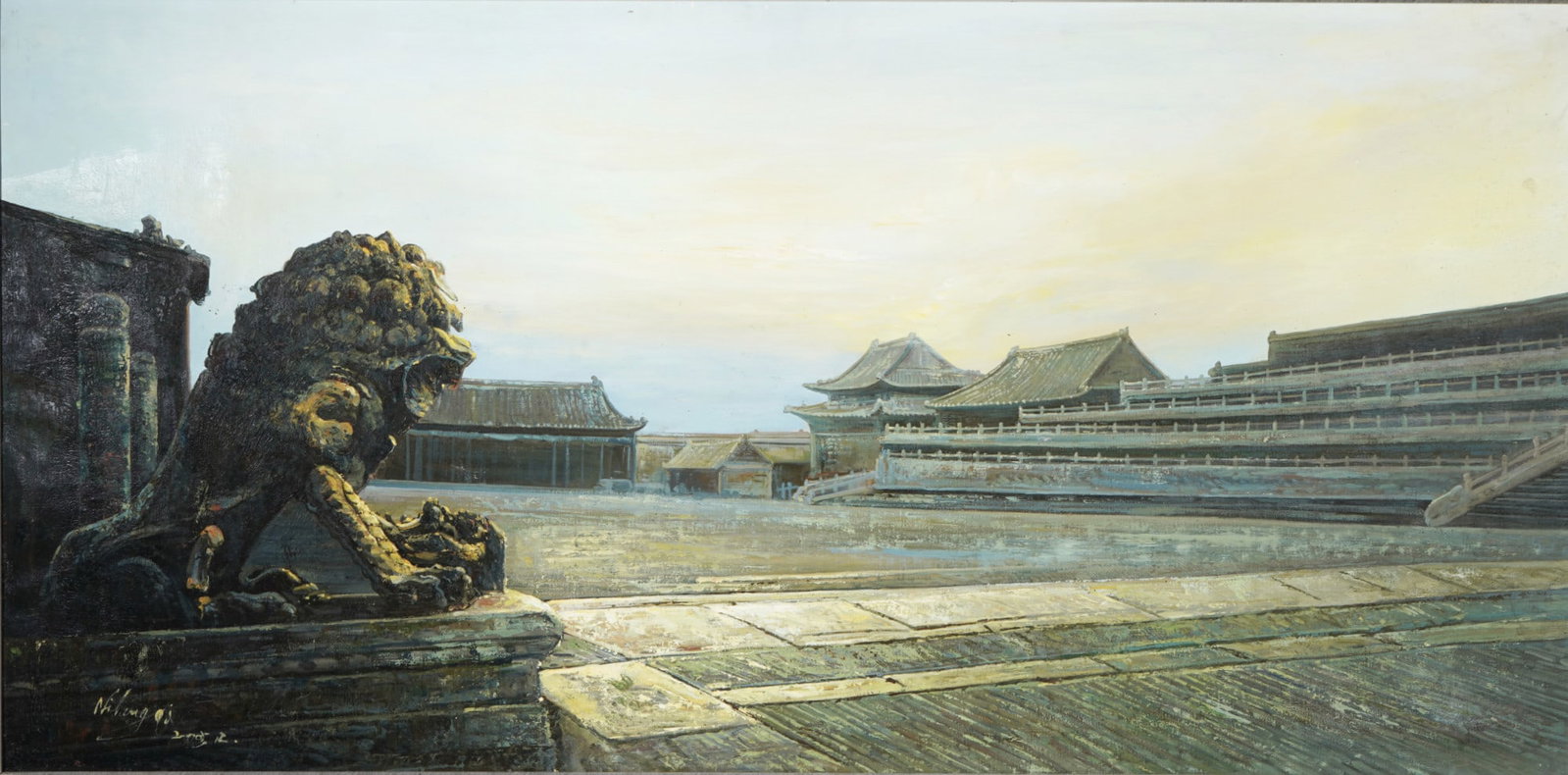 Gùg?ng ?? Forbidden City - Imperial Palace in Beijing, signed: Oil on canvas, signed lower left (undeciphered), large depiction of the Forbidden City, Imperial Palace, Beijing, H 60 cm x W 120 cm, framed 70 cm x 130 cm