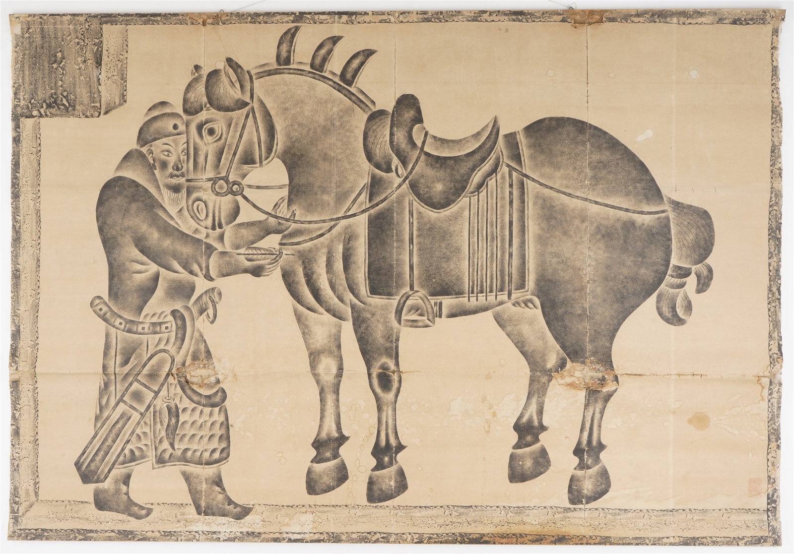 Ancient Chinese stone impression (tablet), China: Paper on fabric, China, old Chinese stone print (panel) of the "Six War Horses of Zhao Ling" (Tang Dynasty), L 183 cm x W 125 cm, with tears and age-related browning, German private collection