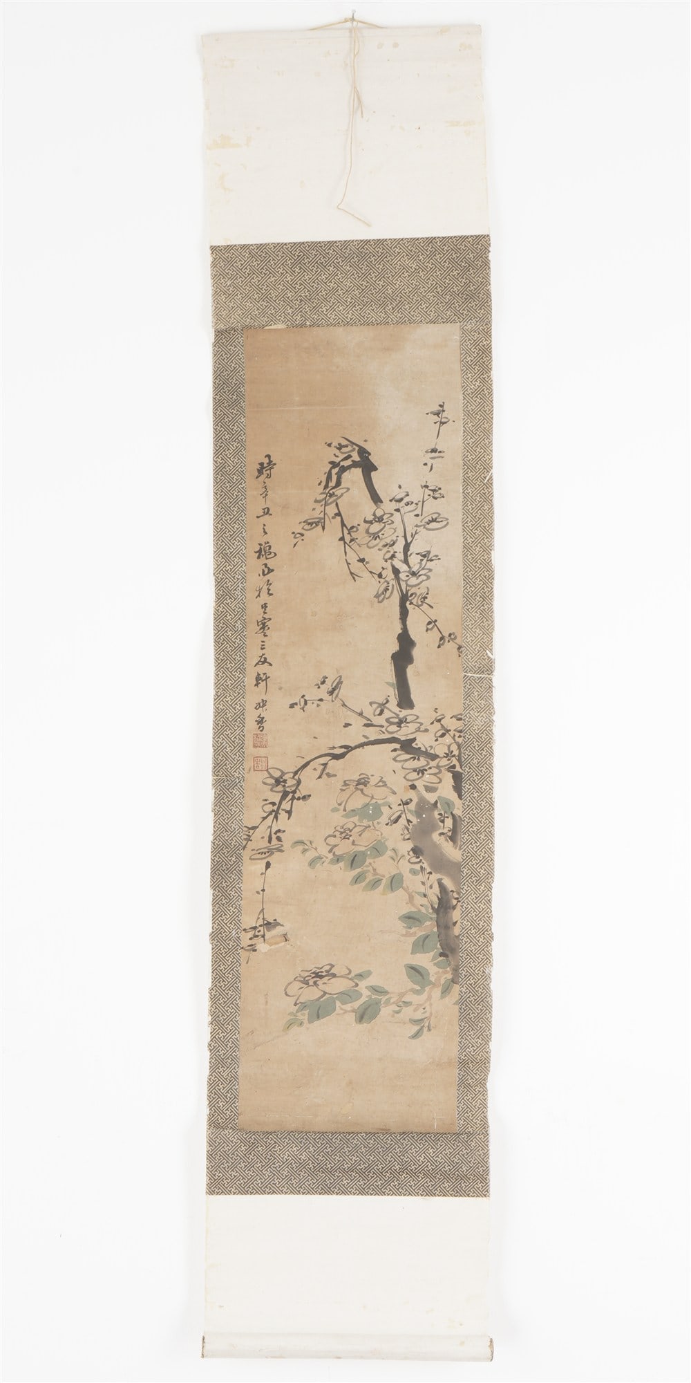 3 scroll paintings with flowers, China, 19th/20th century,: Three ink drawings on rice paper with various flowers, China, 19th/20th century, painted with lotus, chrysanthemum and plum blossom, H 129 cm × W 27 cm, image: H 78.5 cm × W 21 cm, signs of age, Eur