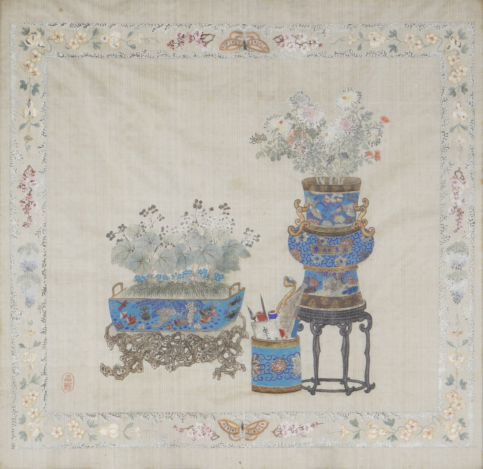 Silk painting with Bogu motif, China, 19th/20th century: Silk, China, 19th/20th century, silk painting with a Bogu motif, finely painted with elegant flowers in cloisonné vessels, H. 37.7 cm × W. 39 cm, with frame H. 50 cm × W. 51.5 cm