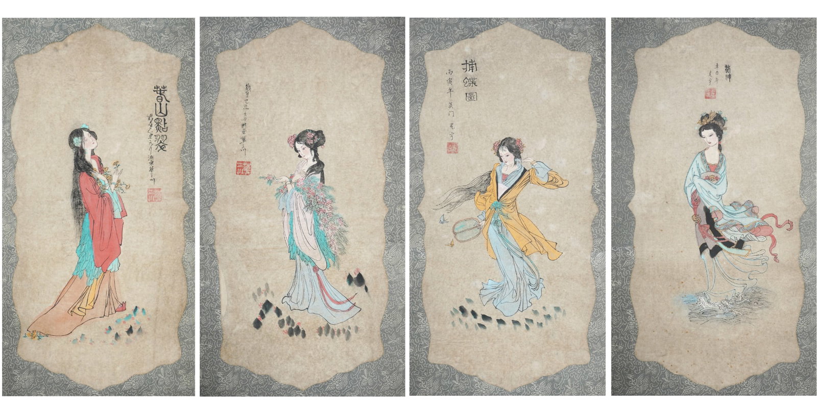 Four ink paintings of beauties, Japan,: Ink on paper, China, four paintings with female motifs, all titled and with a seal mark, each approx. H 99 cm x W 43 cm, framed behind glass H 105 cm x 49 cm