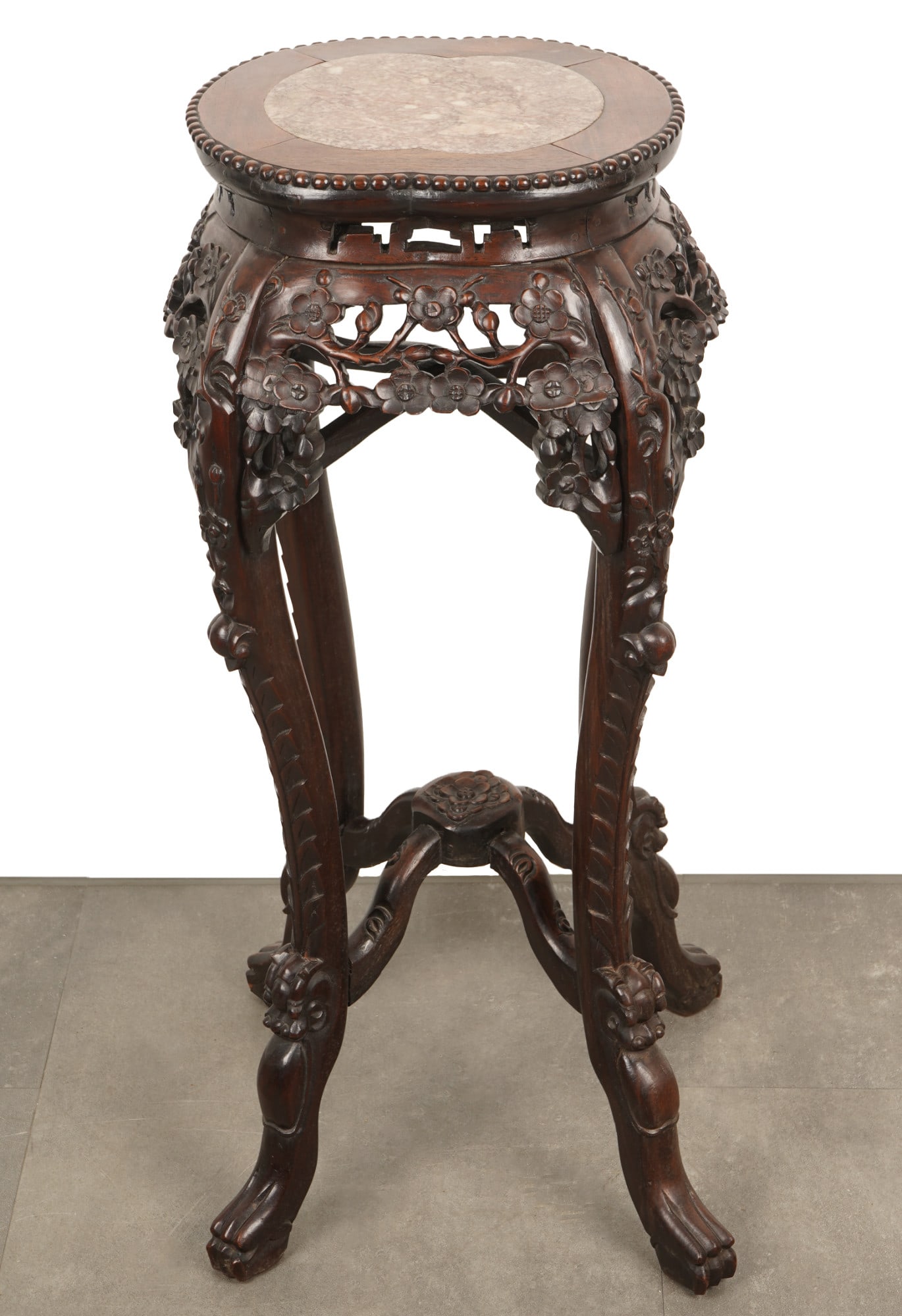 Tall side table (Huaji) with marble top, China Qing Dynasty: Wood, China Qing Dynasty (1644–1911), tall side table (Huaji) made of finely carved hardwood (probably Huali), with four curved, richly relief-decorated legs, completely decorated with tendril-like 