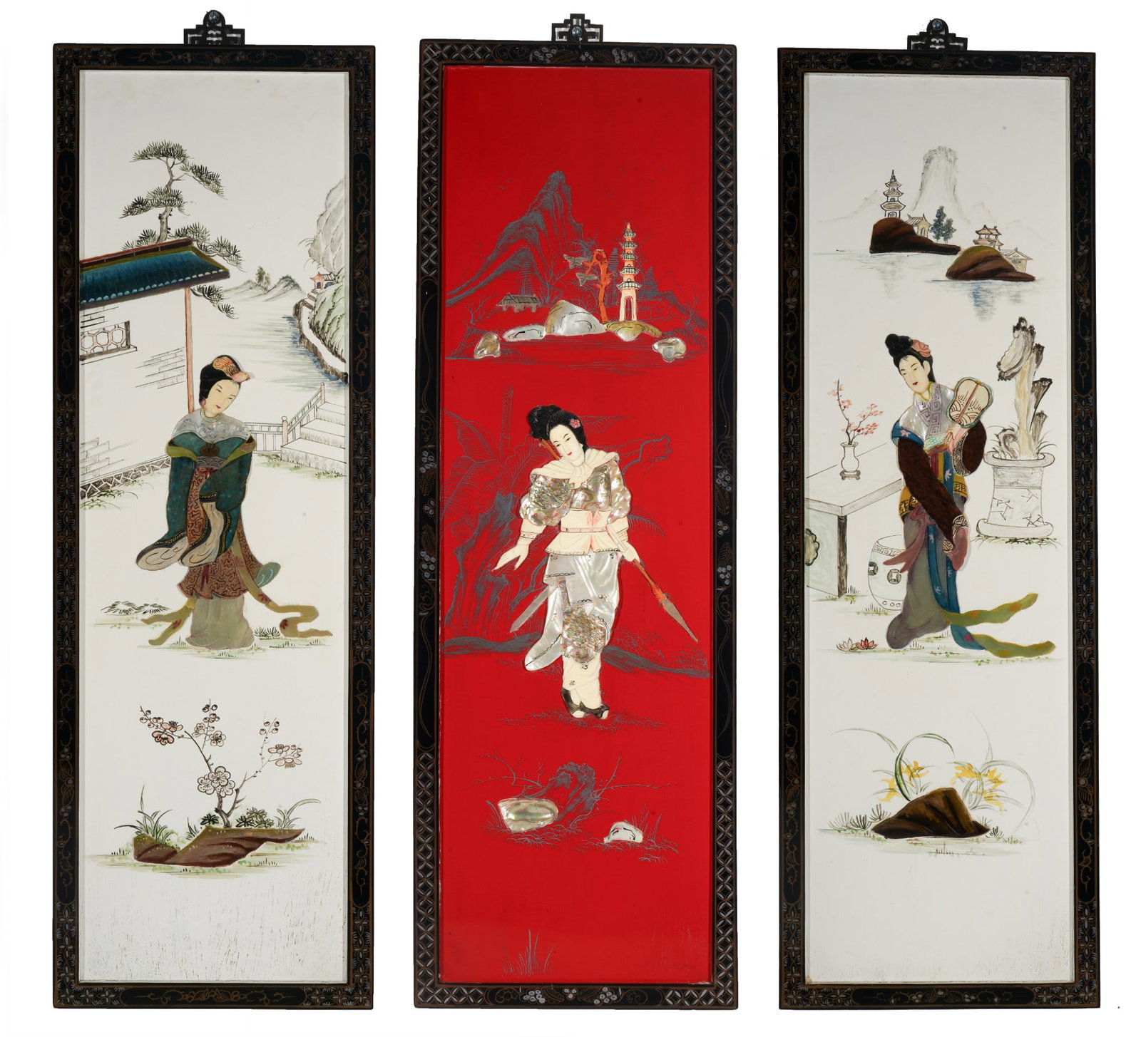 Three wall panels with mother-of-pearl inlays, China, (1 of 8)