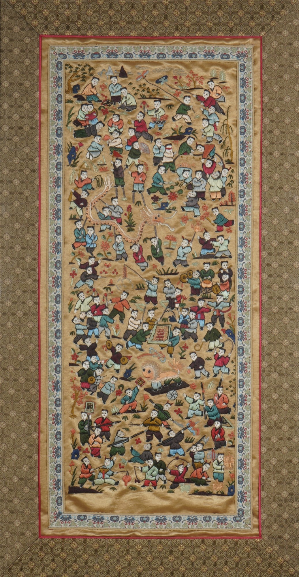 Silk embroidery with a rich depiction of a festival and dragons, China Qing Dynasty, (1 of 2)