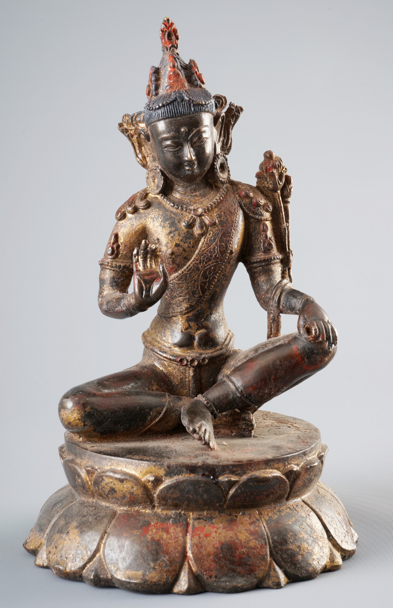 Bronze Green Tara statue with lacquer and gilding, Tibetan style, China: Bronze, China, Green Tara statue with lacquer and gilding in Tibetan style, Green Tara in Lalitasana (playful pose), in meditation posture on a double lotus pedestal, H 22.5 cm x D 13.5 cm