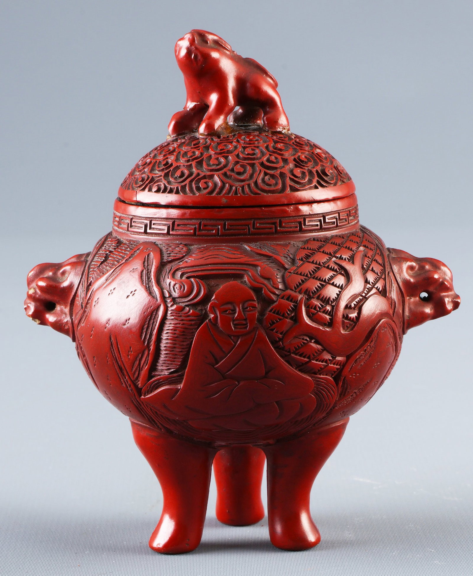 Red lacquer tripod incense burner, China, Qing Dynasty: Red lacquer, China, Qing Dynasty (1644–1911), wooden base, three-legged incense burner made of multiple layers of red lacquer, deeply carved (Tihong technique), body with a scene of children playing