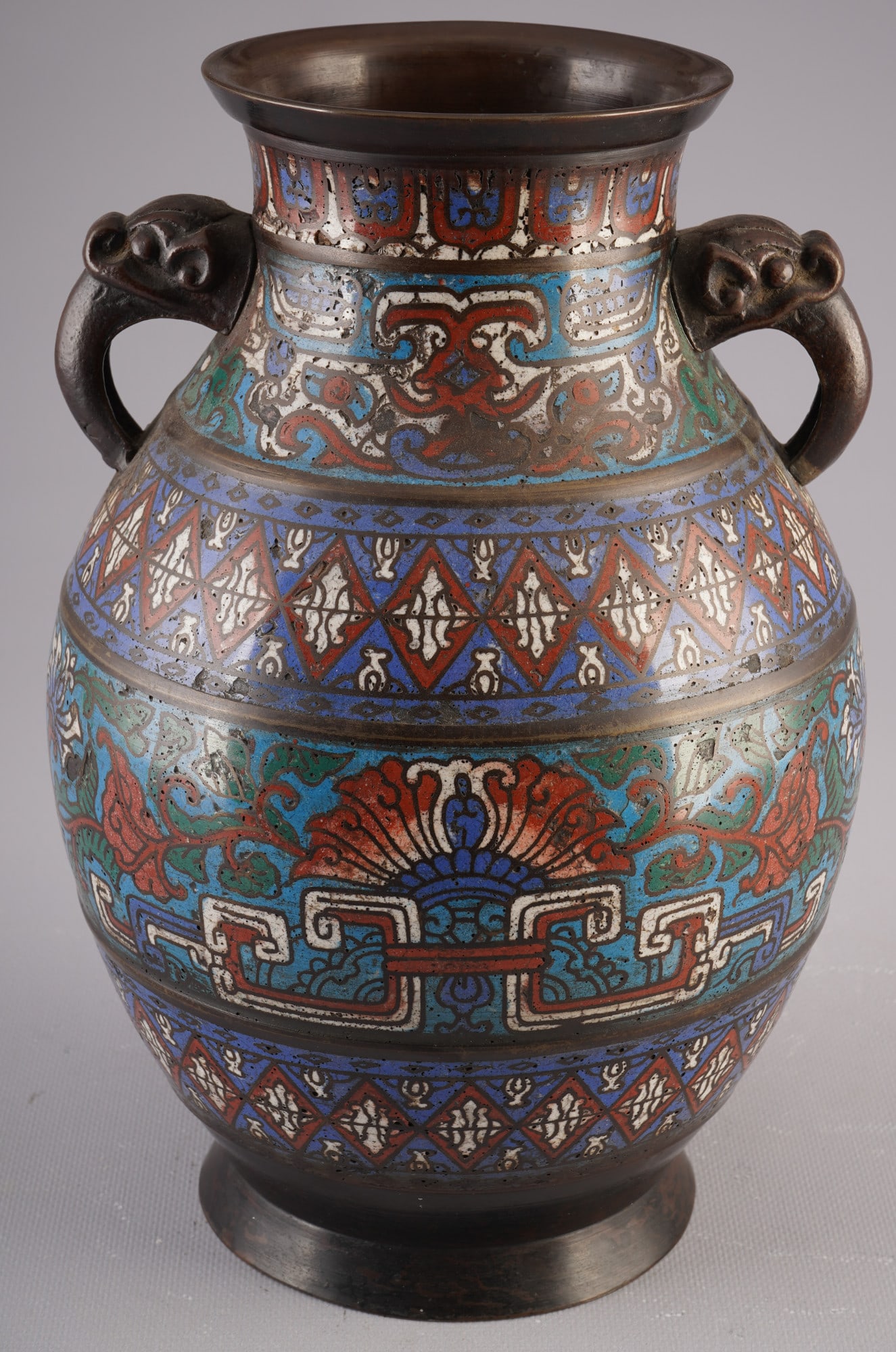 Bronze Cloisonné vases, China, 20th century: Bronze, China, 20th century, cloisonné vase with floral motif, animal-shaped handles, signed, H 29 cm x D 18 cm, German private collection