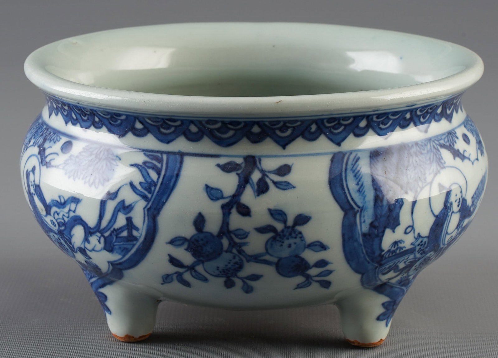 Blue and white incense burner with character scenes, China, probably Ming Dynasty. (1 of 4)