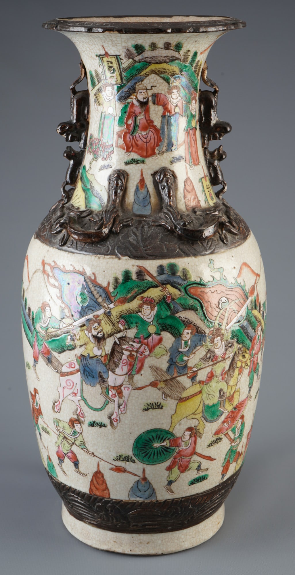 Famille rose vase with war scenes, China, late Qing dynasty,: Porcelain, China, late Qing Dynasty (1644-1911), Famille Rose vase depicting various war scenes, H 44.8 cm × D 19 cm, small chips