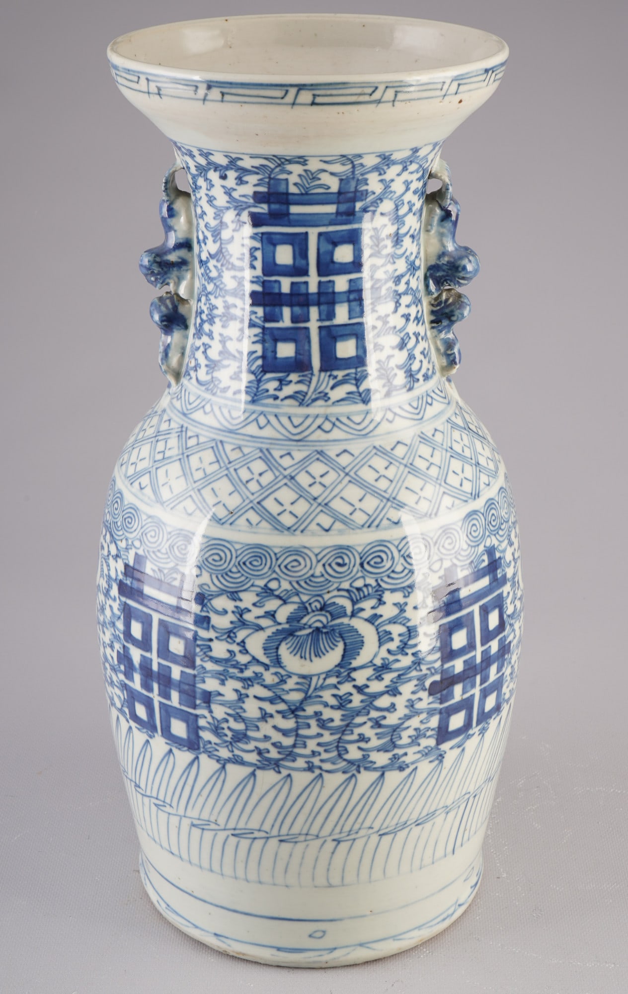 Large blue and white vase, China, 19th century: Porcelain, China, 19th century, large blue and white vase with lucky characters and flowers, H 42 cm x D 20 cm, crack in the base, German private collection