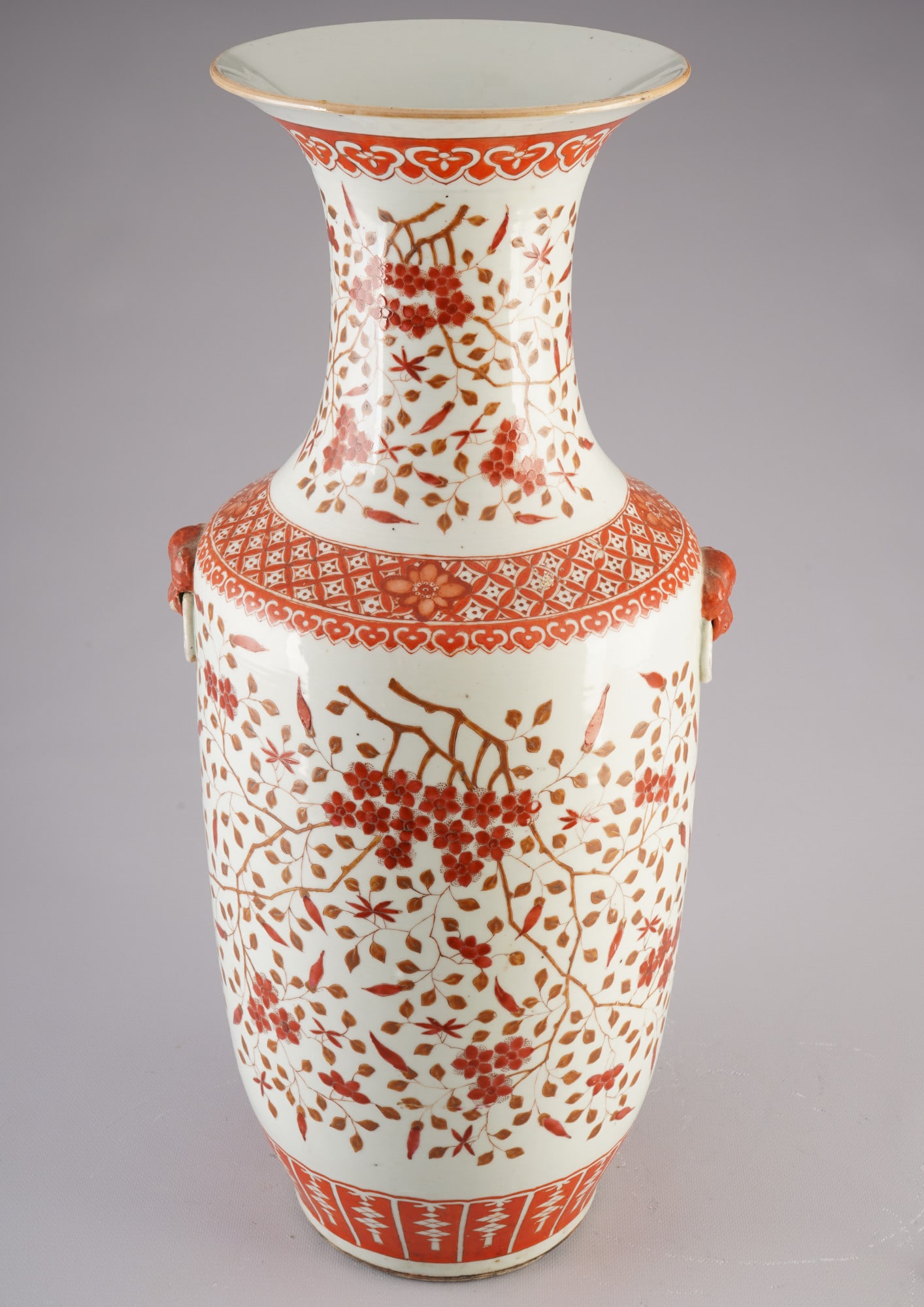 Large vase with iron-red decoration, China, Qing Dynasty,: Porcelain, China, Qing Dynasty (1644–1911), large vase with iron-red floral tendril motifs and geometric borders, two lion's head handles with rings, H 59.2 cm x D 24.5 cm, German private collection