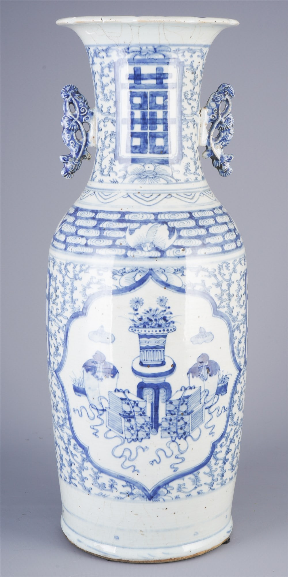 Giant blue and white vase, China, late Qing Dynasty,: Porcelain, China, late Qing Dynasty (1644–1911), huge blue and white vase with lucky characters and Bo-Gu painting (Bo-Gu pattern) in cartouches, H 58.8 cm x D 21.5 cm, repaired repair on the rim