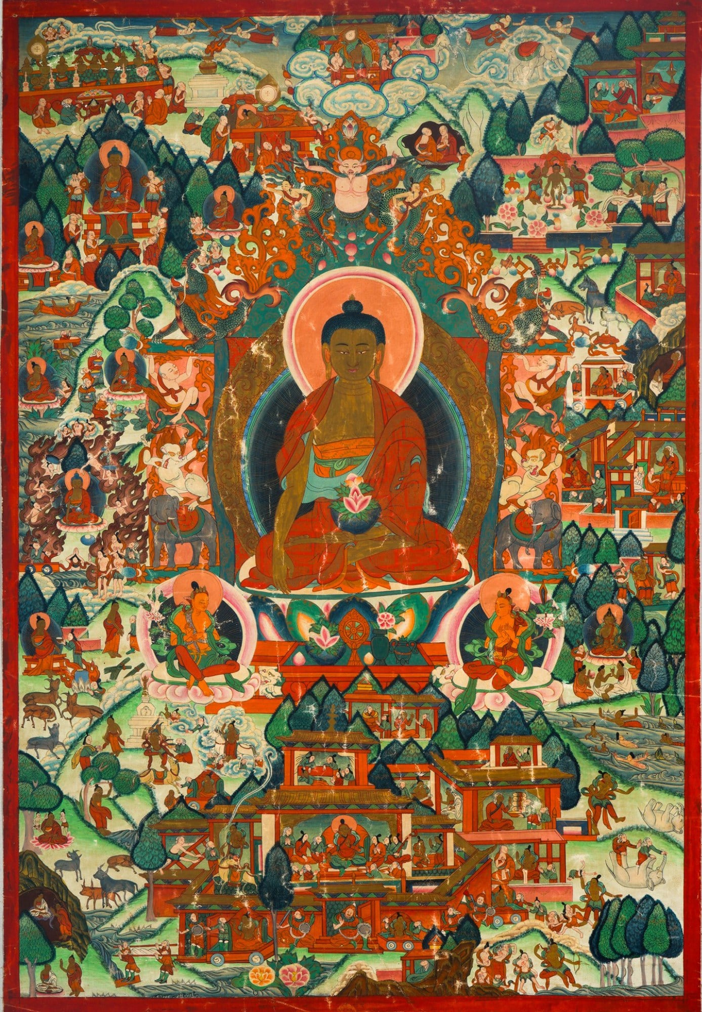 Thangka Buddha Shakyamuni in the Pure Earth, China/Tibet, 19th century: Thangka of Buddha Shakyamuni, painting on canvas, China/Tibet, 19th century. This large-format, finely executed thangka depicts Buddha Shakyamuni as the central figure in a meditative posture on a lot