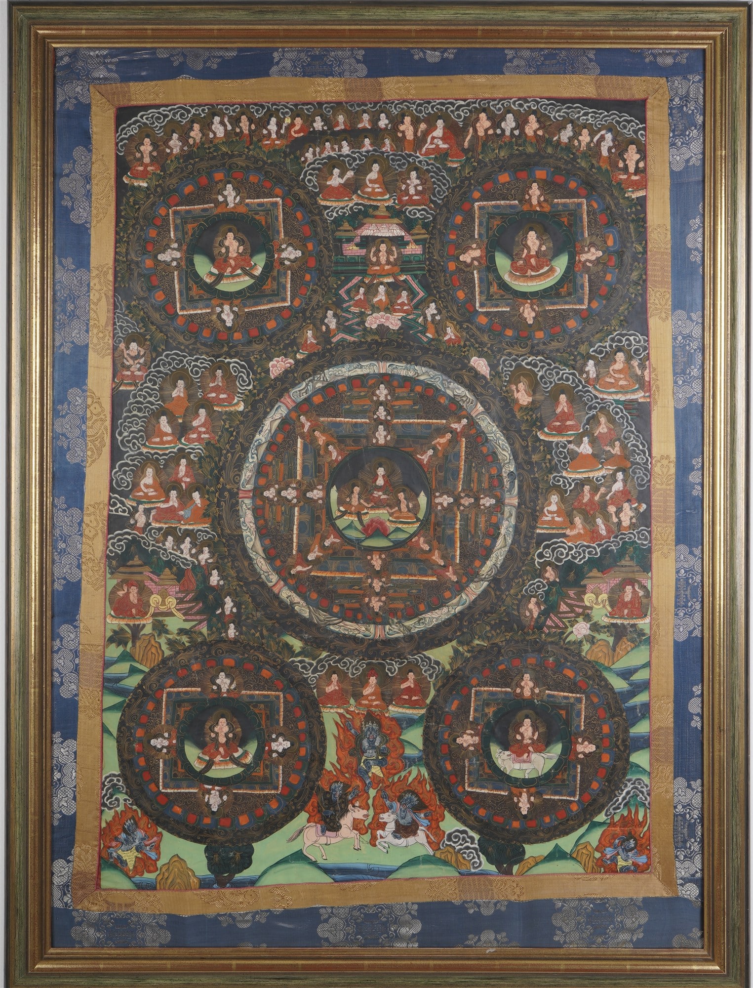 Large Thangka, Buddhist scene, Tibet around 1910-1930,: Large thangka with a Buddhist scene, painting on canvas in a frame, Tibet, early 20th century, H 104.5 cm x W 75.5 cm, frame behind glass H 116.5 cm x W 87.5 cm, no shipping with frame