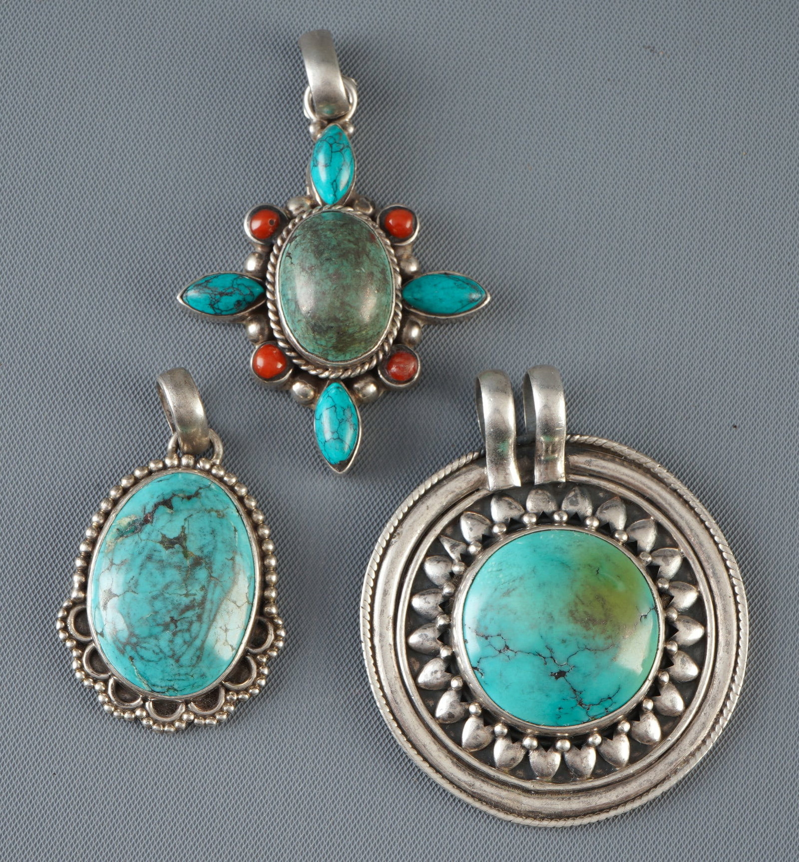 Three silver pendants with turquoise, Tibet, (1 of 3)