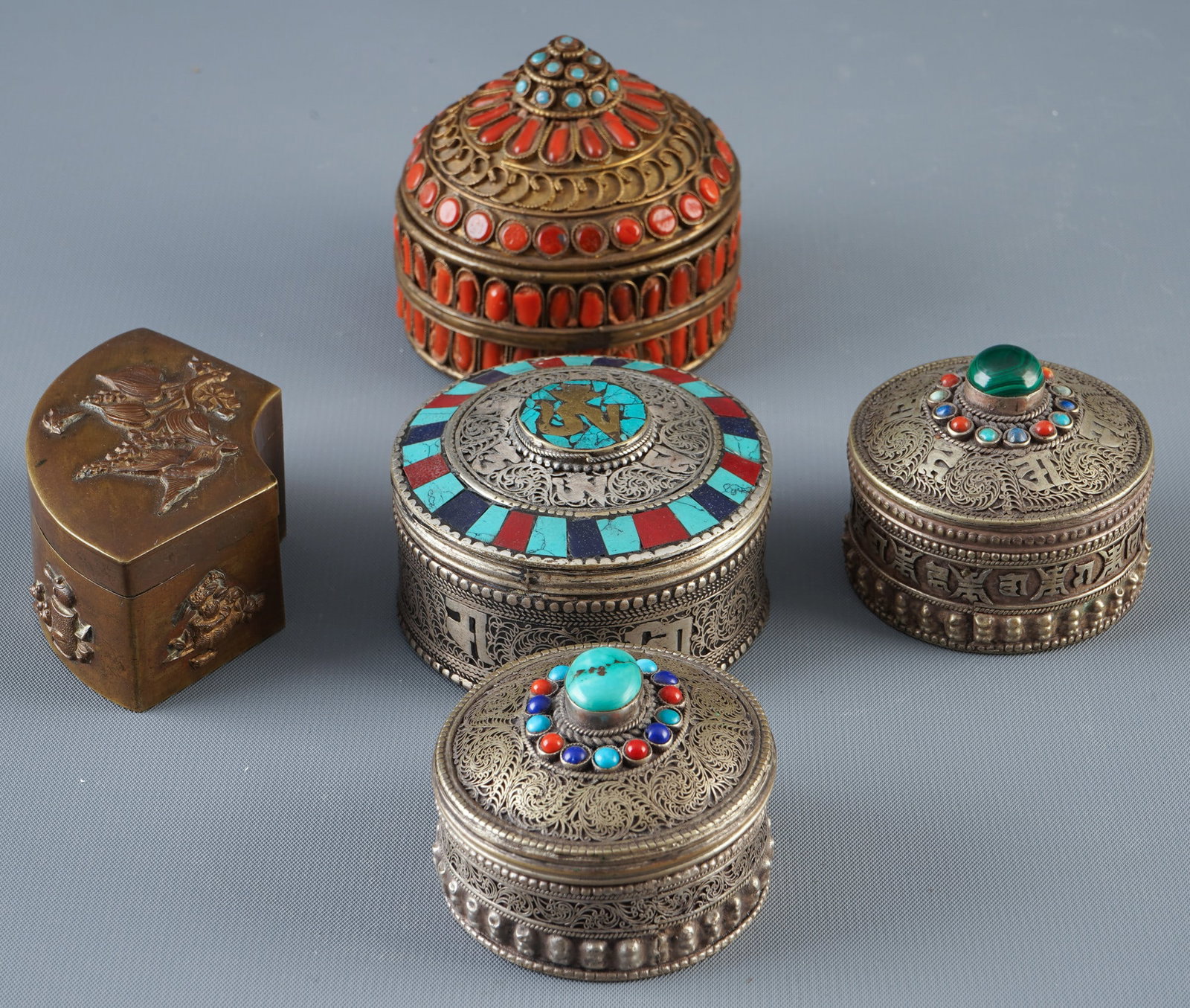 Collection of five antique Tibetan jewelry boxes, Tibet, (1 of 3)