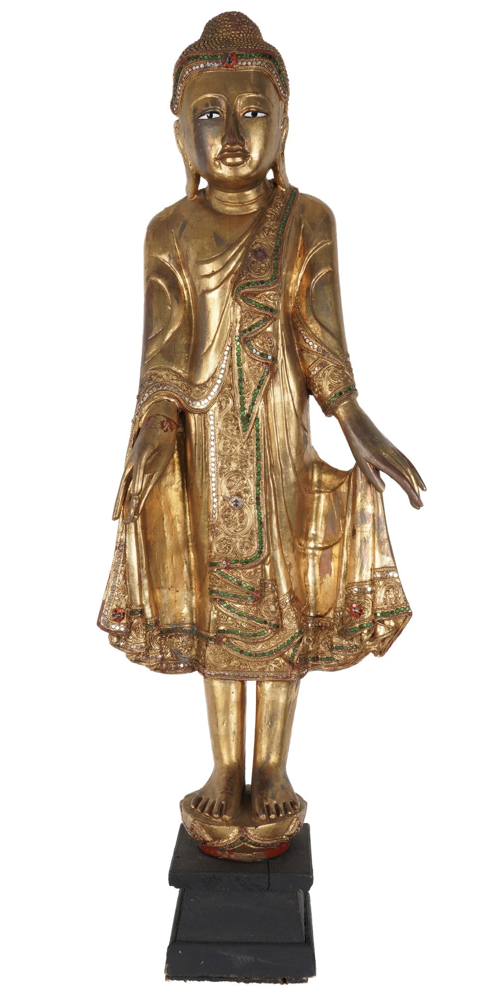 Large wooden Buddha sculpture, Burma, 19th/20th century.: Wood, Burma, 19th/early 20th century, large gilded Buddha statue in mandala style, H 103 cm × W 34 cm × D 16 cm