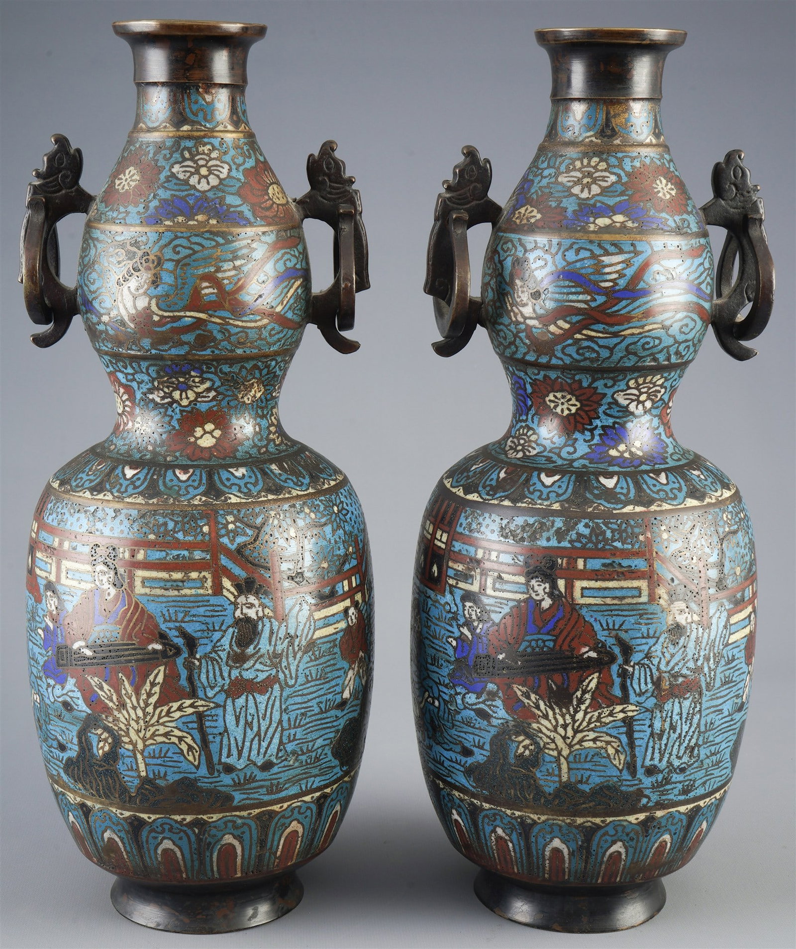 Pair of bronze cloisonne vases in pumpkin shape, Japan, Meiji period,: Bronze, Japan, Meiji period (1868–1912), pair of bronze cloisonné vases in the shape of pumpkins, decorated with figural scenes, signed on the base, 2 × H 39.6 cm × D 15 cm