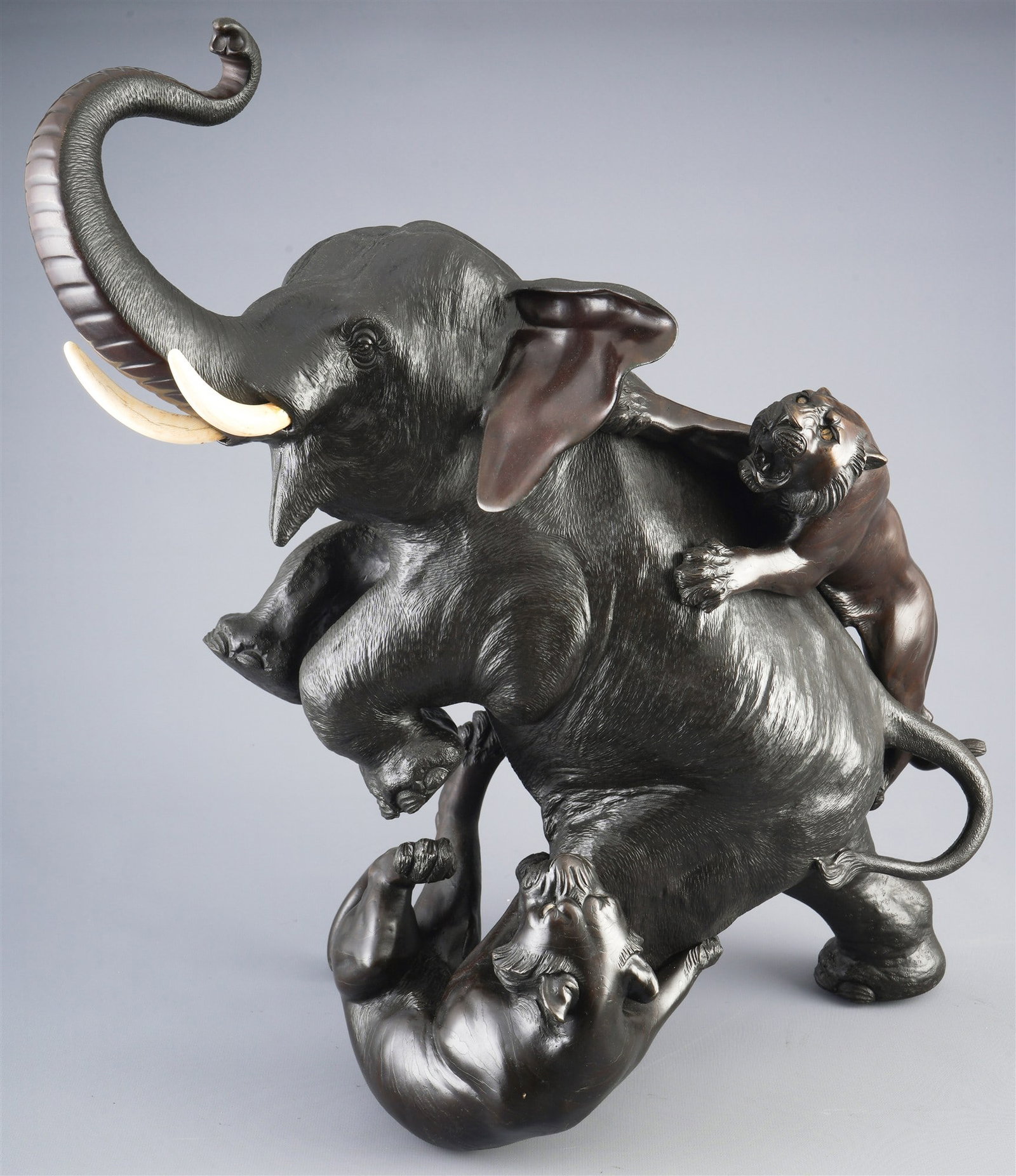 Large bronze “Elephant attacked by tigers?? (SEISHU), Japan, Sh?wa period, (1 of 8)