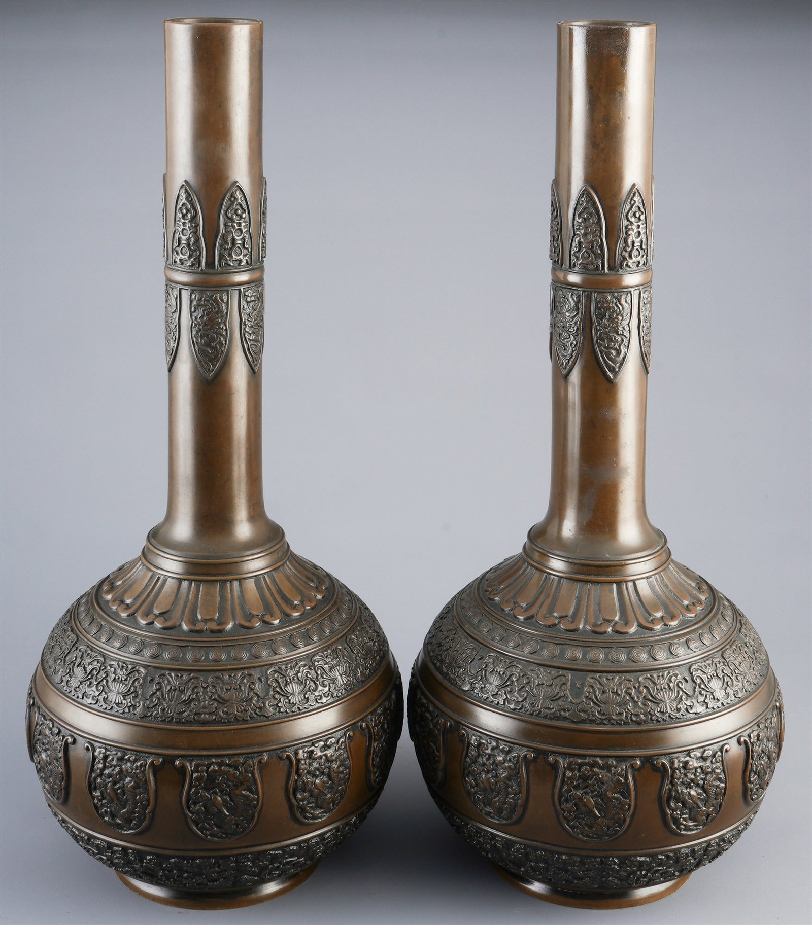 Pair of large bronze Tianqiu vases, Japan, Meiji period: Bronze, Japan, Meiji period (1868–1912), pair of bronze tianqiu vases, decorated with birds and flowers, 2 × H 52.2 cm × D 22 cm