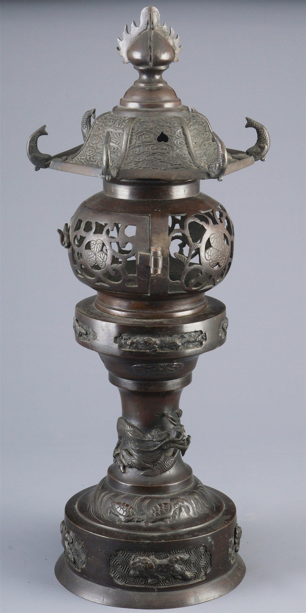Large bronze pagoda incense burner, Japan: Bronze, Japan, mid-20th century, lantern or incense burner on a high base, fine openwork, H 47 cm x D 15 cm
