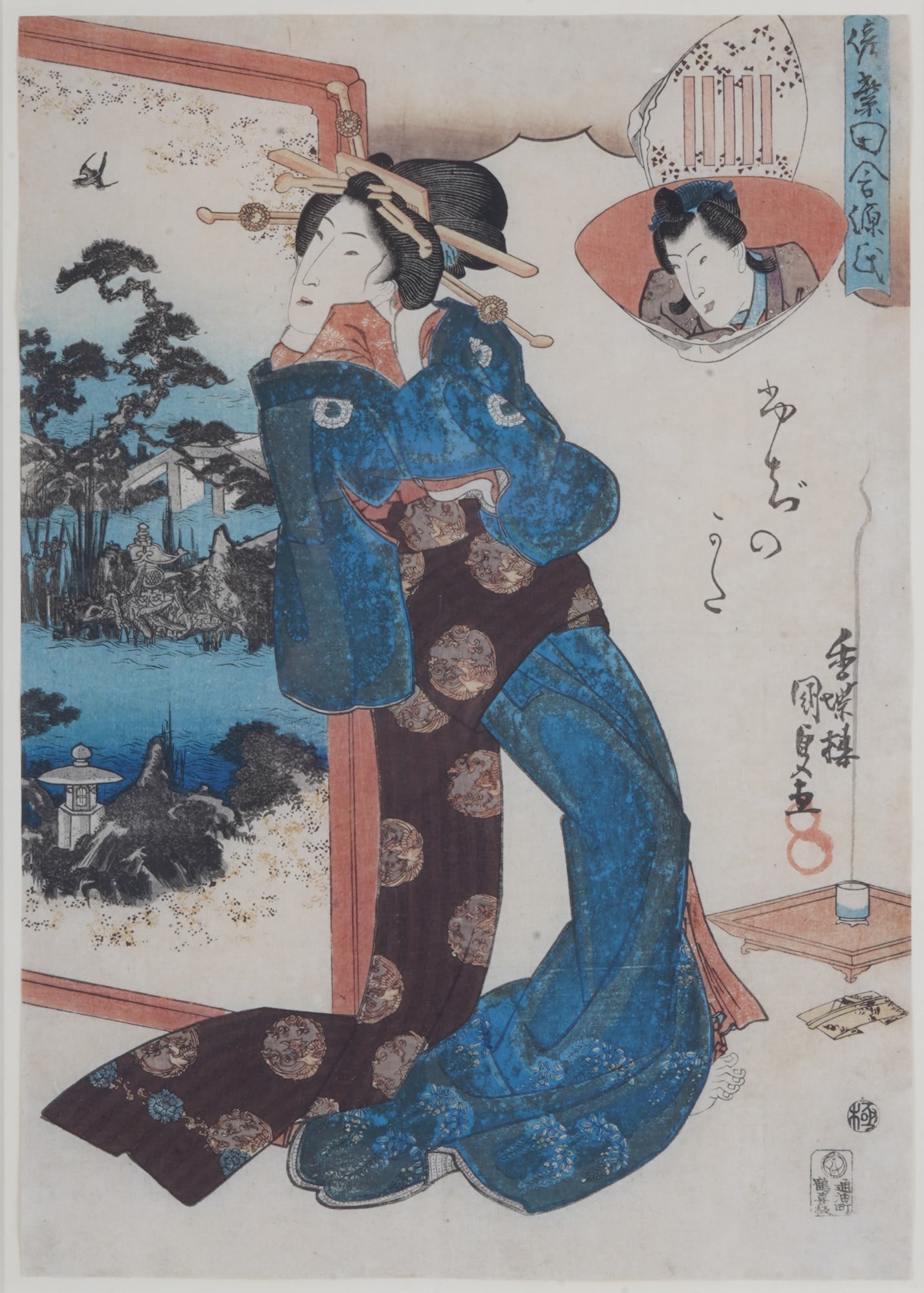 Color woodblock print, Utagawa Kunisada (1786–1865), Japan, Edo period: Color woodblock print, Utagawa Kunisada (1786–1865), Japan, Edo period, signed, H 35 cm x W 25 cm, H 50 cm x W 38 cm, frame H 54.5 cm x W 42.5 cm