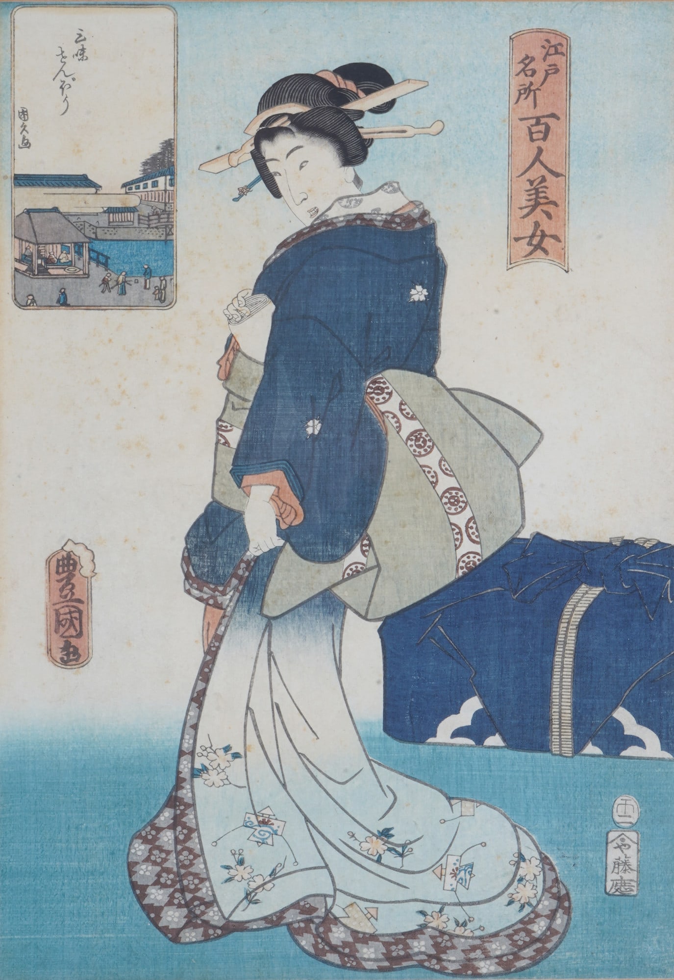Color woodblock print, Utagawa Kunisada (1786–1865), Japan, Edo period: Farbholzschnitt, Utagawa Kunisada (1786–1865), Japan Edo-Zeit, signed Toyokuni, H 35 cm x W 24.5 cm, H 43.5 cm x W 32 cm, Frame H 56 cm x W 42 cm