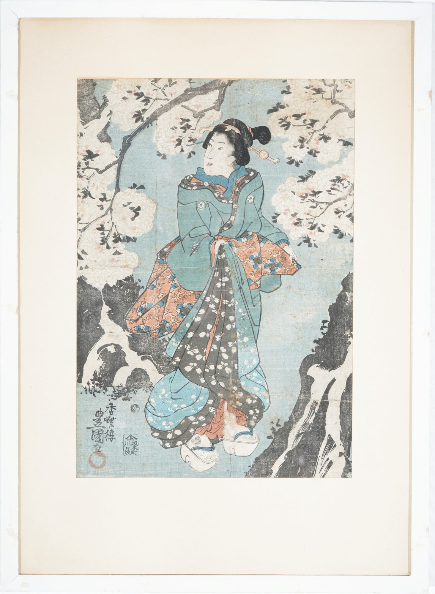 Farbholzschnitt, Utagawa Toyokuni (1769-1825), Japan Edo-Zeit,: Color painting, Utagawa Toyokuni (1769–1825), Japan Edo-Zeit, signed Toyokuni, H 35 cm x W 24 cm, H 48 cm x W 34 cm, Rahmen H 51 cm x W 37 cm