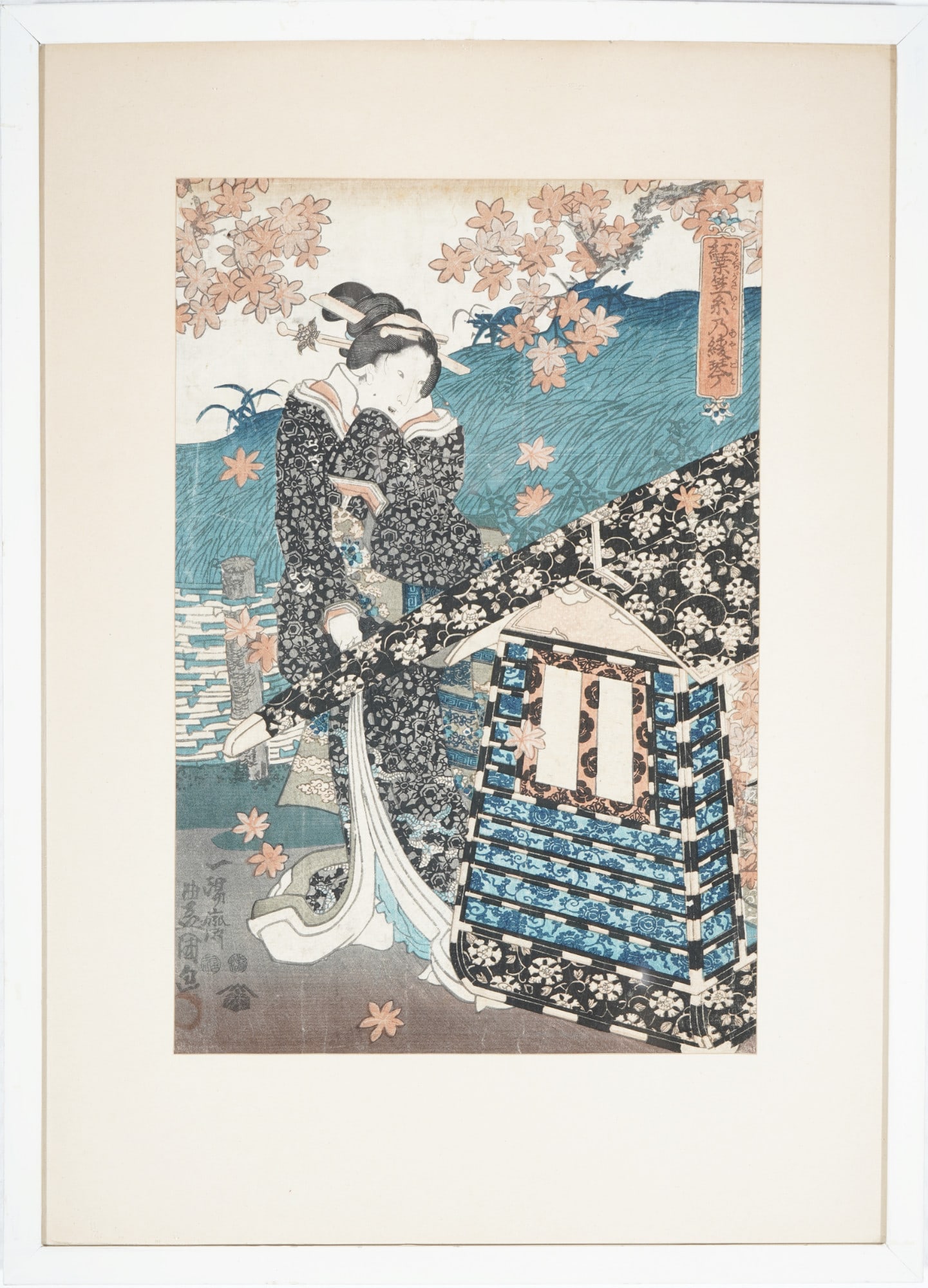 Farbholzschnitt, Utagawa Toyokuni (1769–1825), Japan Edo-Zeit,: Color painting, Utagawa Toyokuni (1769–1825), Japan Edo-Zeit, signed Toyokuni, H 35 cm x W 23 cm, H 48 cm x W 34 cm, Rahmen H 51 cm x W 37 cm