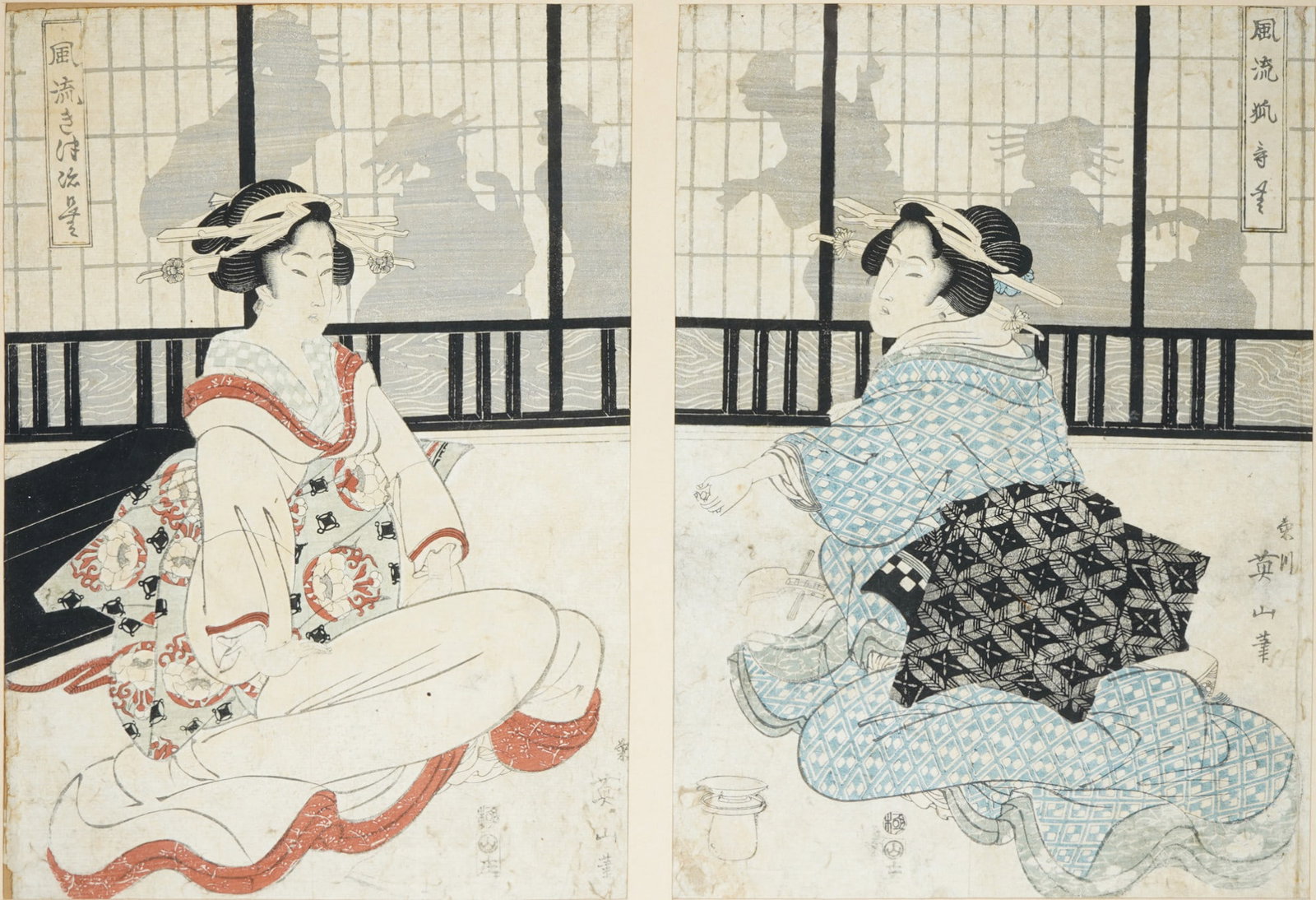 Color woodblock prints, Kikukawa Eizan (1787-1867), Japan, Edo period,: Color woodblock prints, Kikukawa Eizan (1787–1867), Japan, Edo period, signed Eizan, H 36.5 cm x W 52 cm, H 47 cm x W 63 cm, framed H 50 cm x W 66 cm