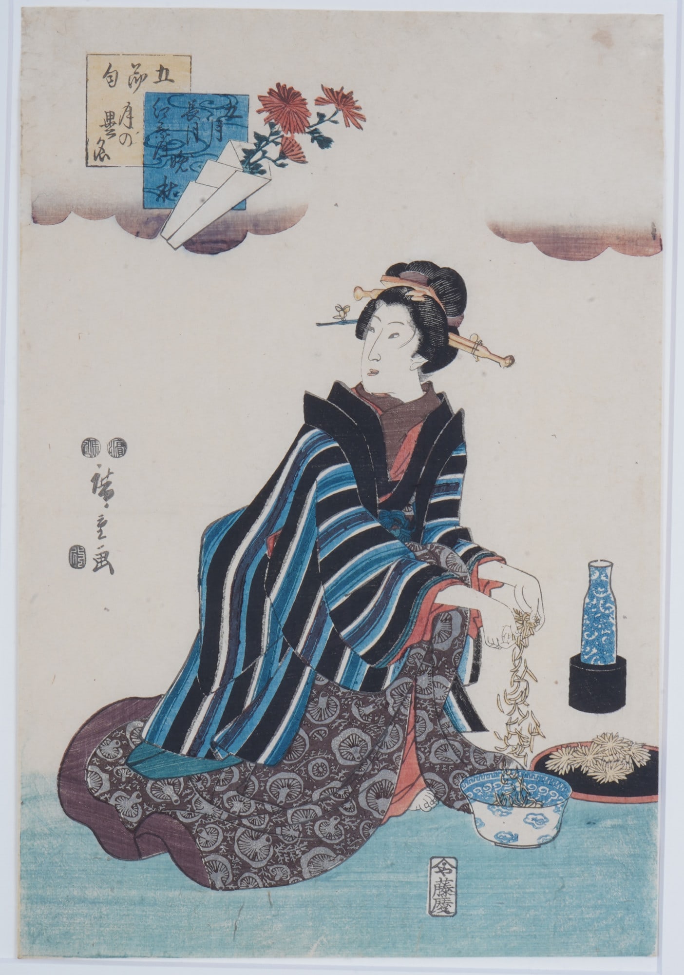 Color woodblock print, And? Hiroshige (1797–1858), Japan, Edo period: Color woodblock print, And? Hiroshige (1797–1858), Japan, Edo period, signed Hiroshige, H 37 cm x W 25 cm, H 51 cm x W 38.5 cm, frame H 55.2 cm x W 43 cm