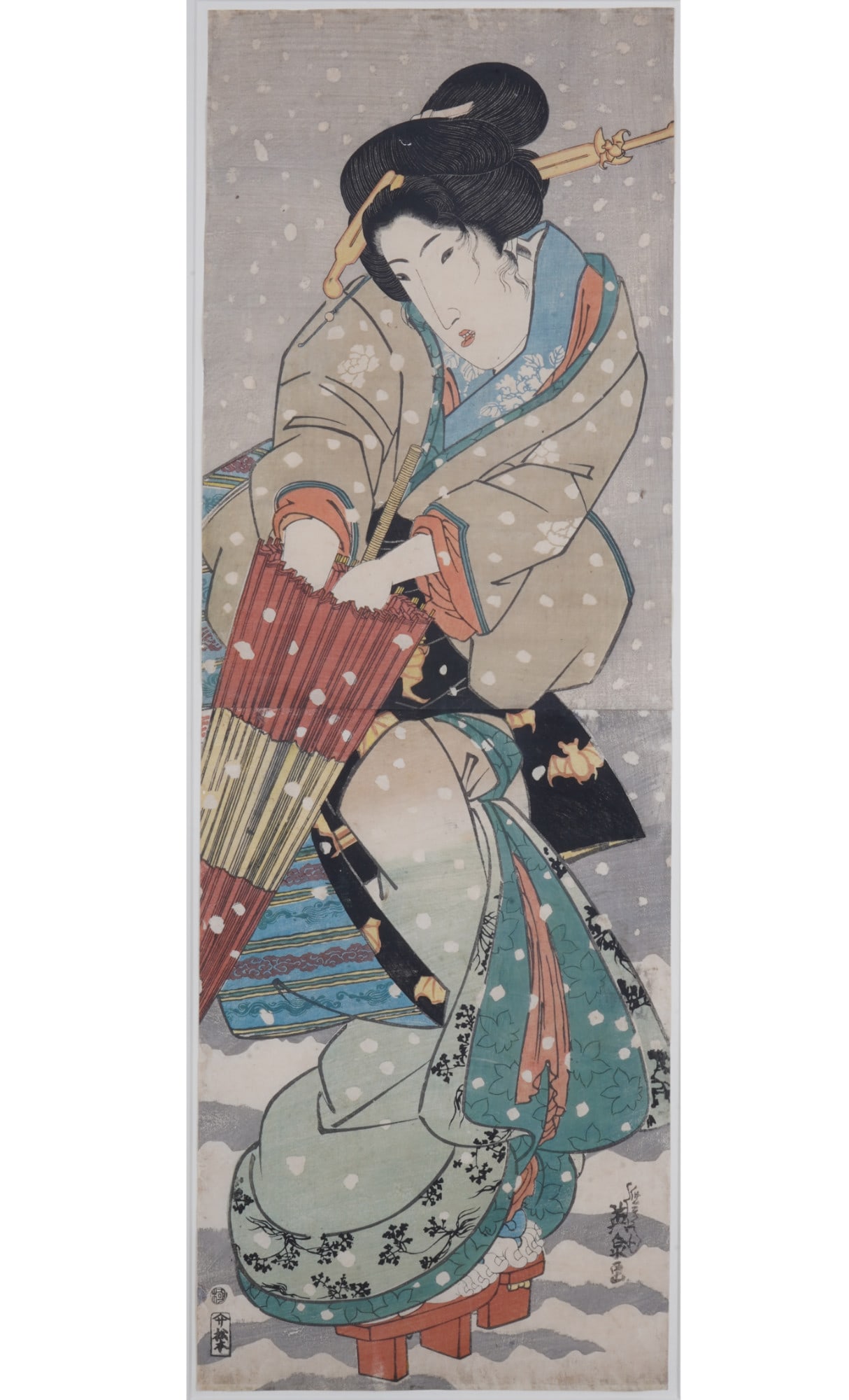 Color woodblock print, Kaisai Eisen (1790–1848), Japan, Edo period: Color woodcut, Kaisai Eisen (1790–1848), Japan, signed Eisei, H 73 cm x W 25 cm, H 87 cm x W 38 cm, frame H 91 cm x W 42.5 cm