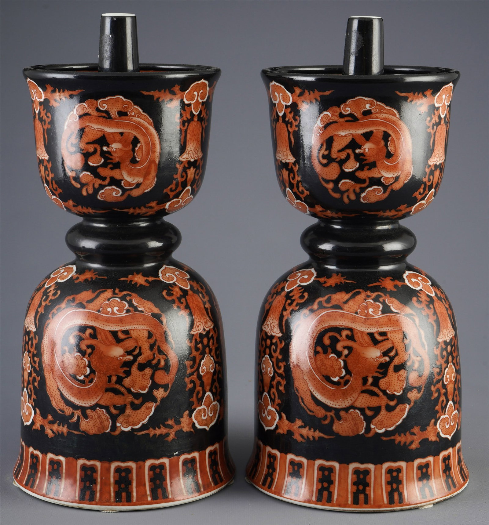 Pair of large incense burners/stick holders, Japan, Showa period: Porcelain, Japan, Showa period, 20th century, pair of incense stick holders decorated with red bell-shaped dragons, 2 × H 36 cm × D 16 cm
